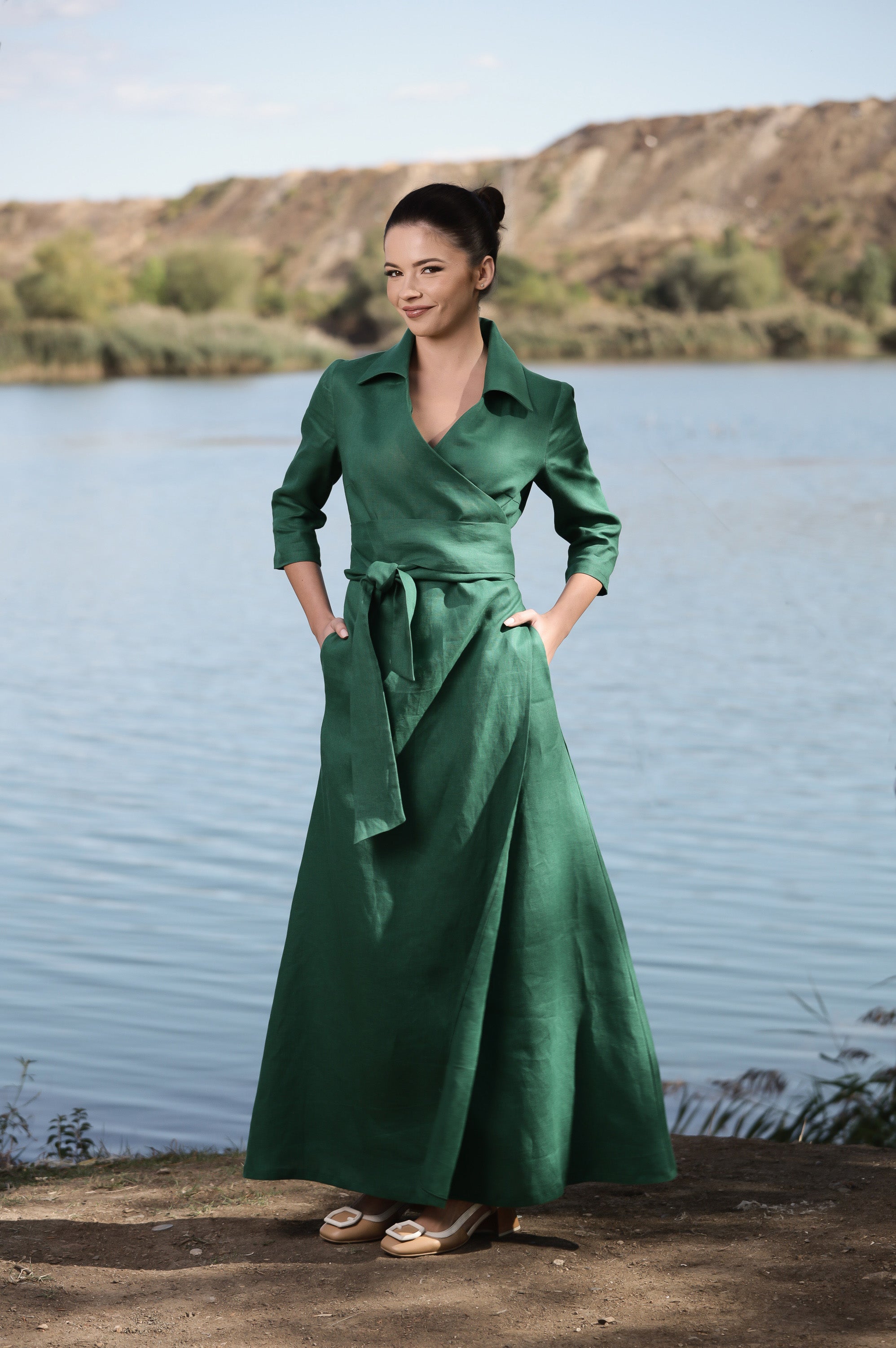 Long Wrap Linen Dress for Women in Emerald Green