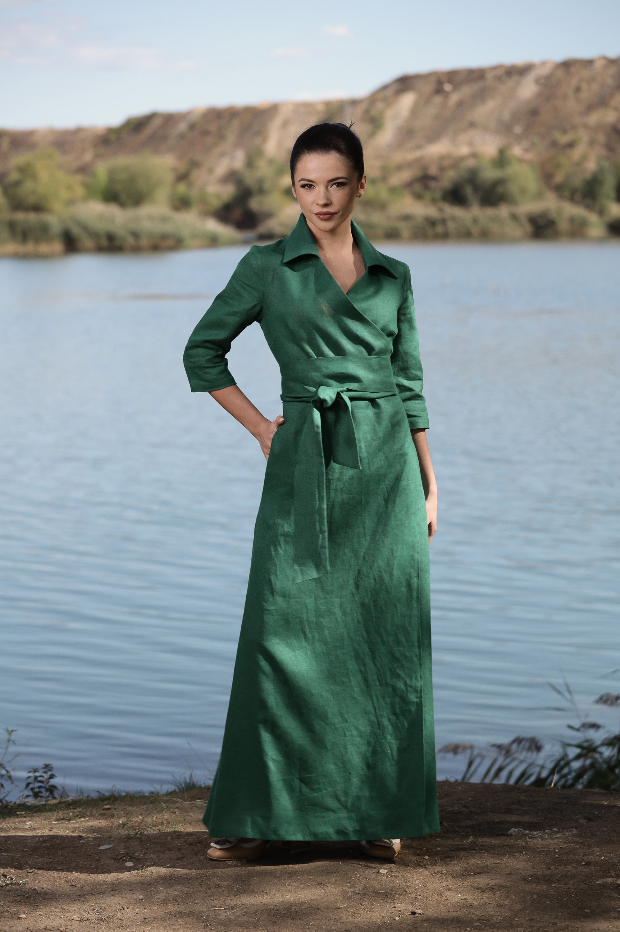 Long Wrap Linen Dress for Women in Emerald Green