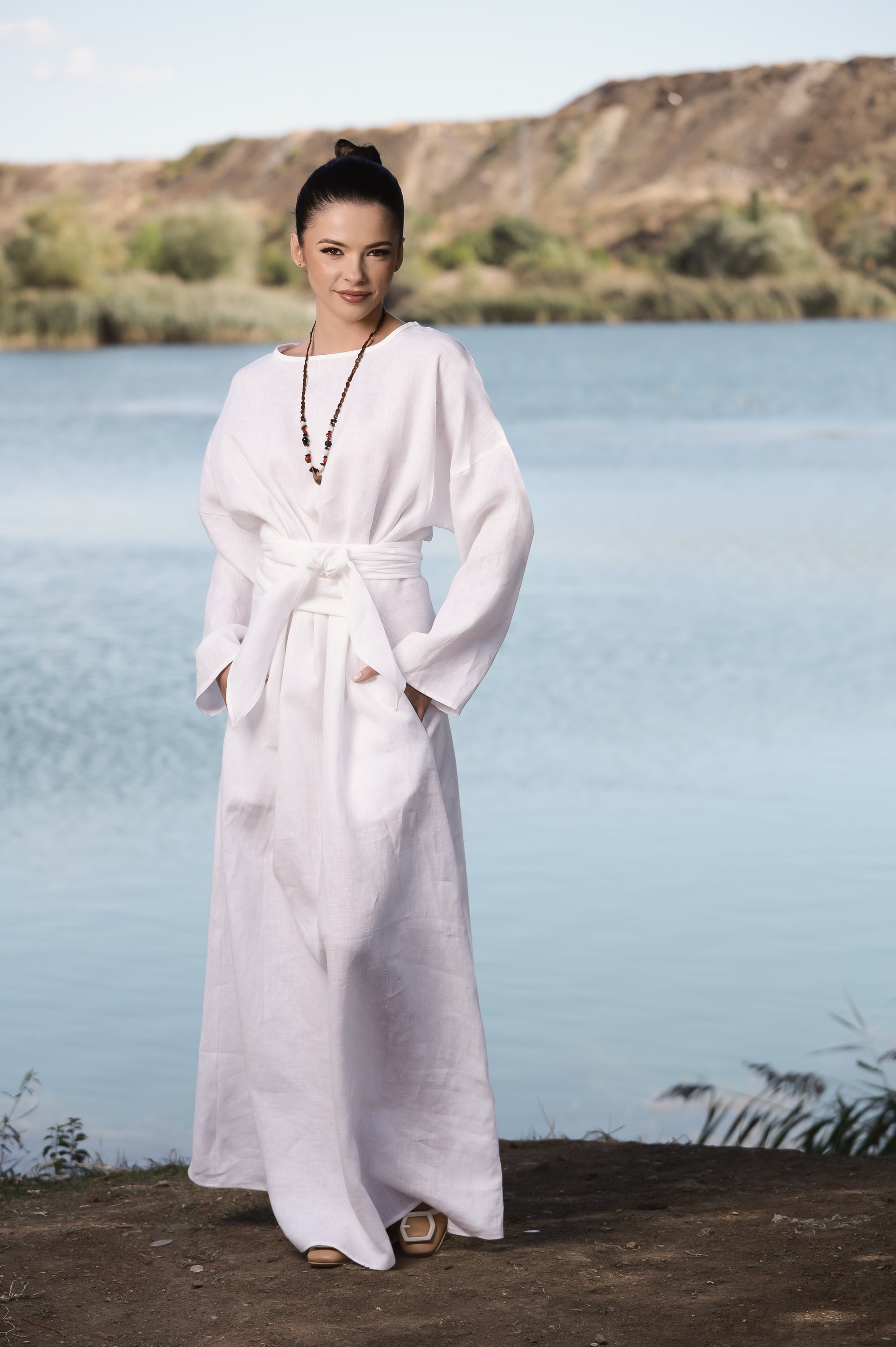 Minimalist Linen Dress - Relaxed Fit Maxi Dress with Tie Waist