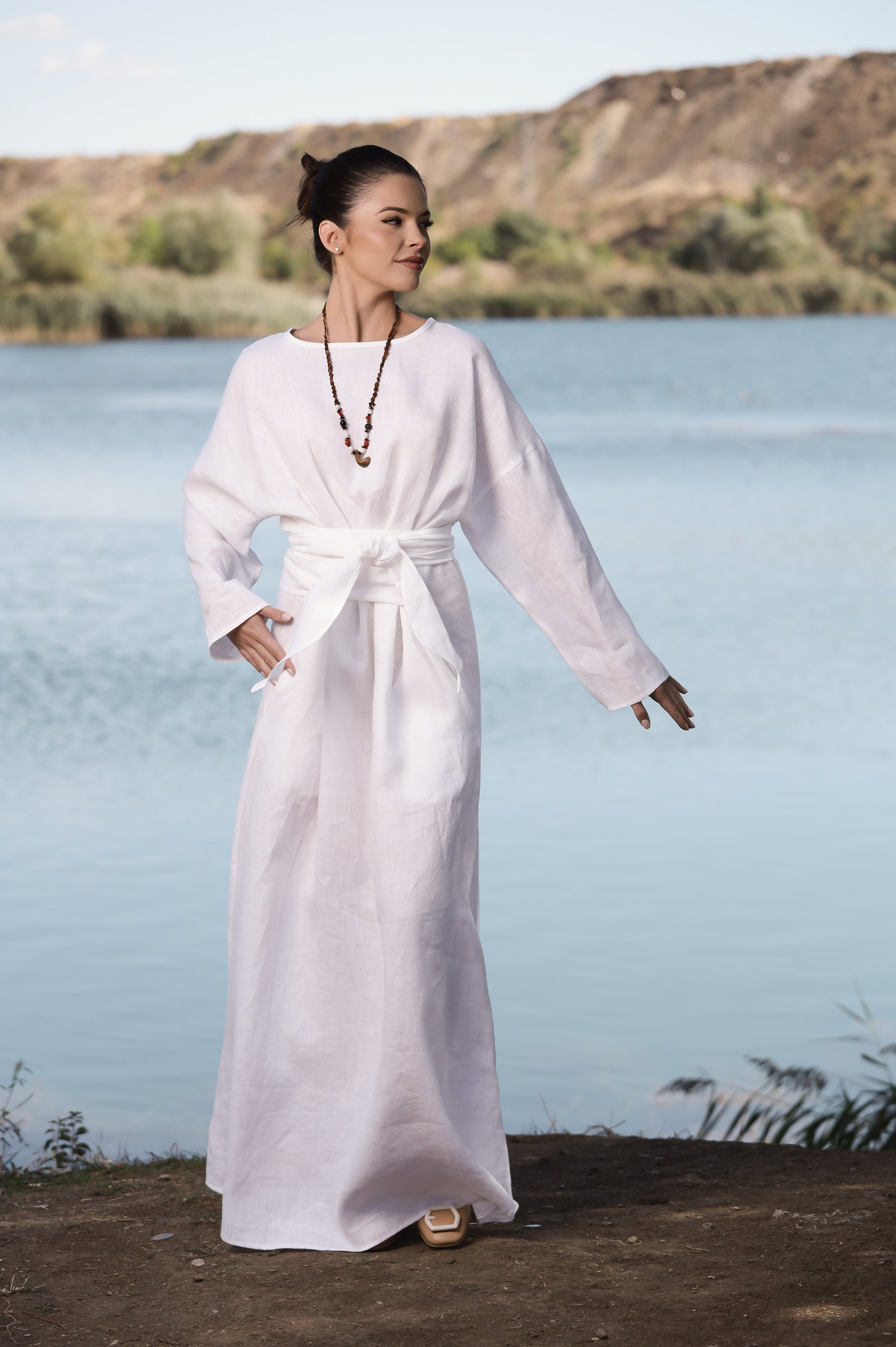 Minimalist Linen Dress - Relaxed Fit Maxi Dress with Tie Waist