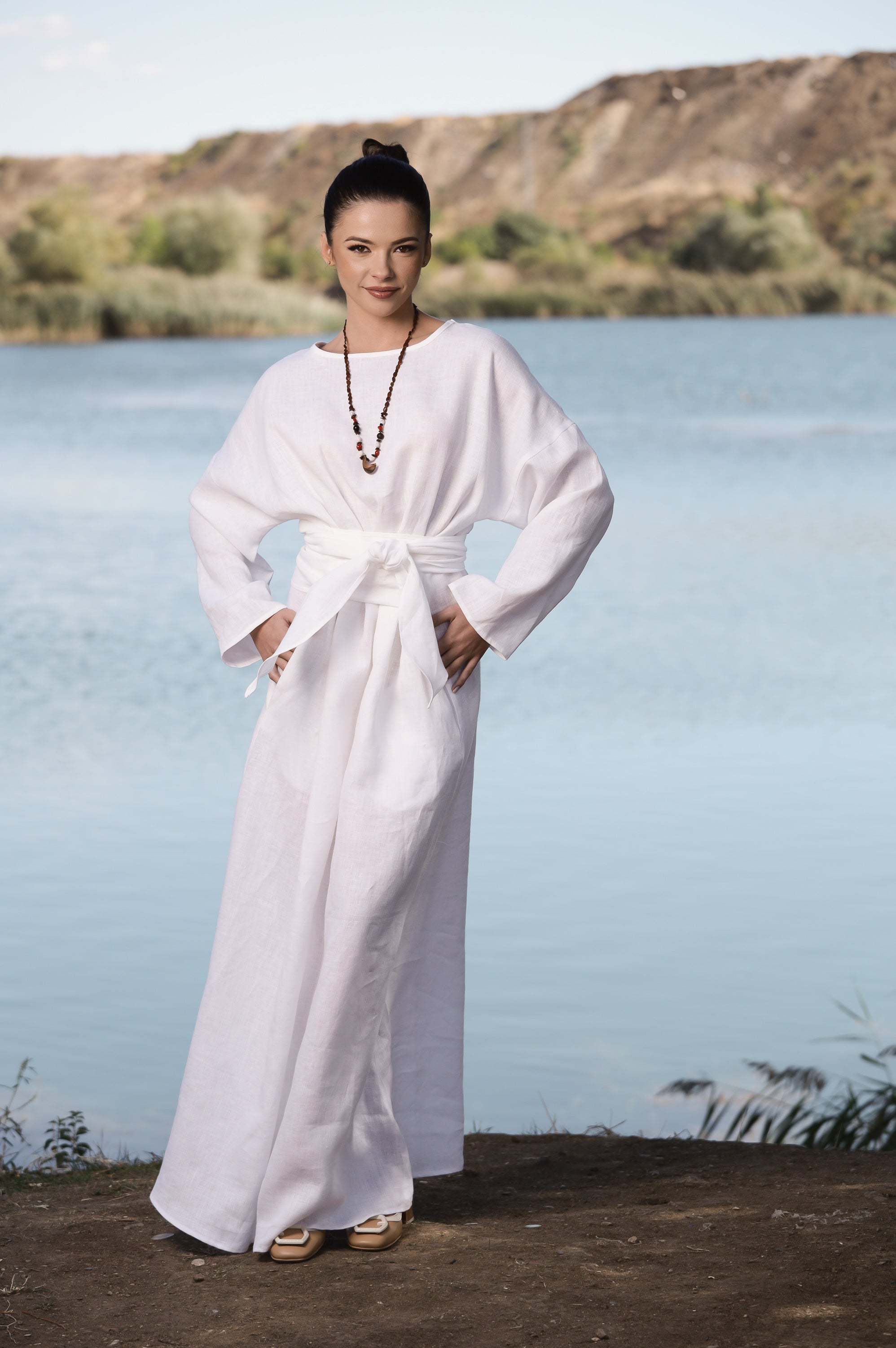 Minimalist Linen Dress - Relaxed Fit Maxi Dress with Tie Waist