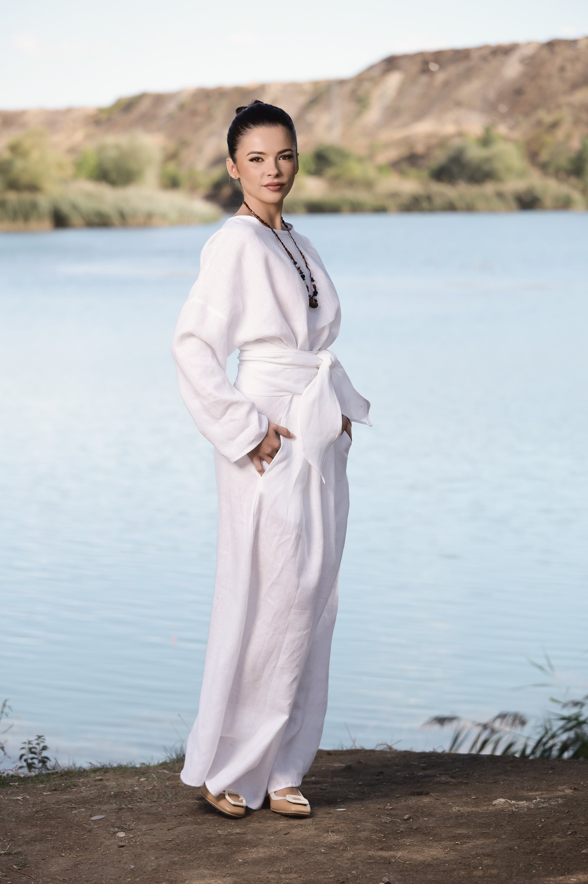 Minimalist Linen Dress - Relaxed Fit Maxi Dress with Tie Waist