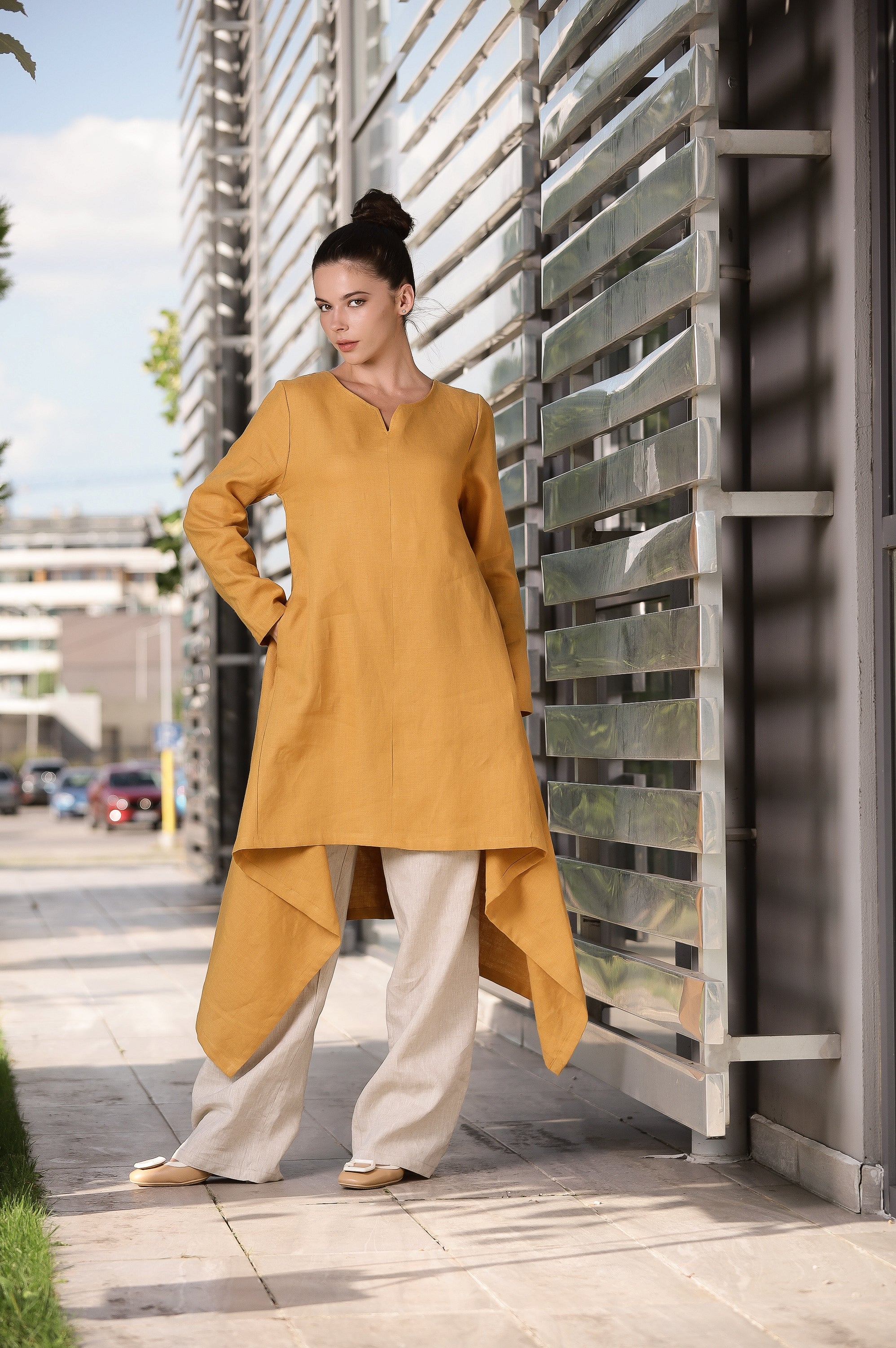 Modern Linen Tunic – Mustard Long Sleeve Asymmetrical Dress