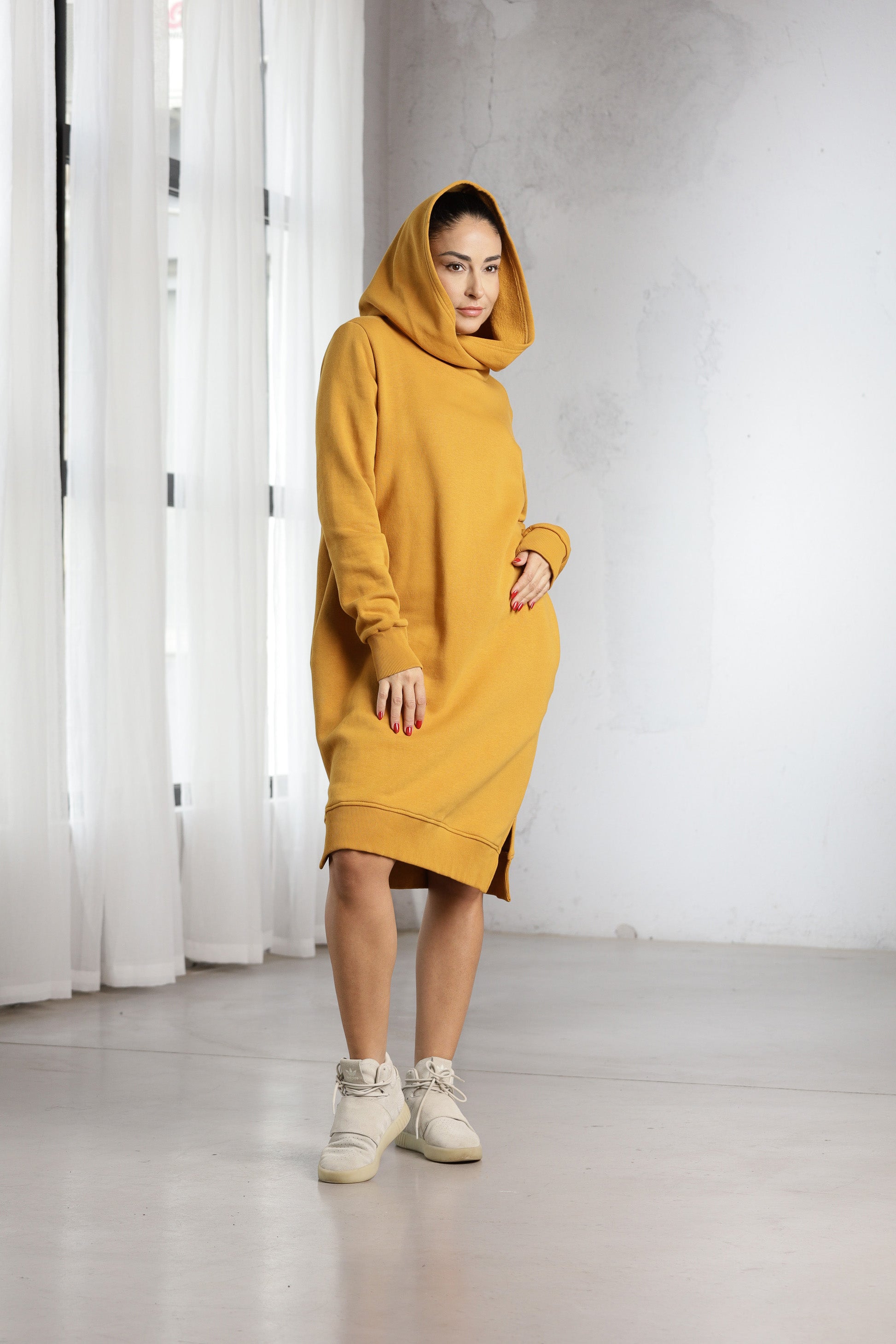 Mustard Hoodie Dress – Oversized Minimalist Sweatshirt Dress