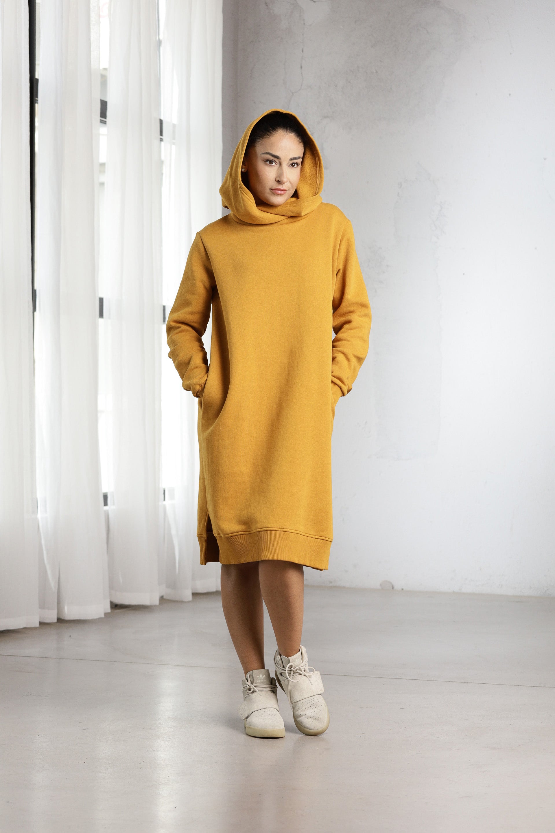 Mustard Hoodie Dress – Oversized Minimalist Sweatshirt Dress