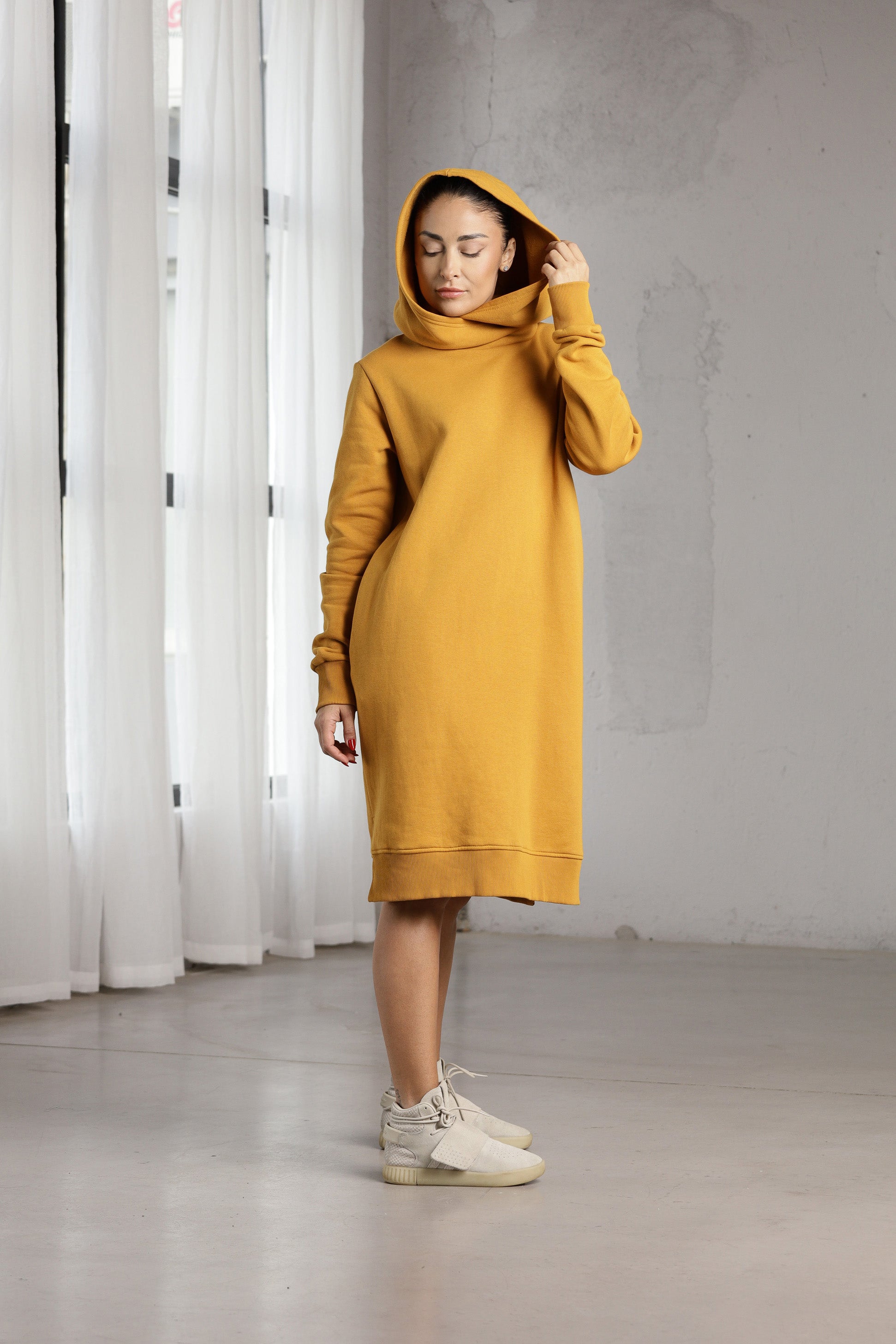 Mustard Hoodie Dress – Oversized Minimalist Sweatshirt Dress