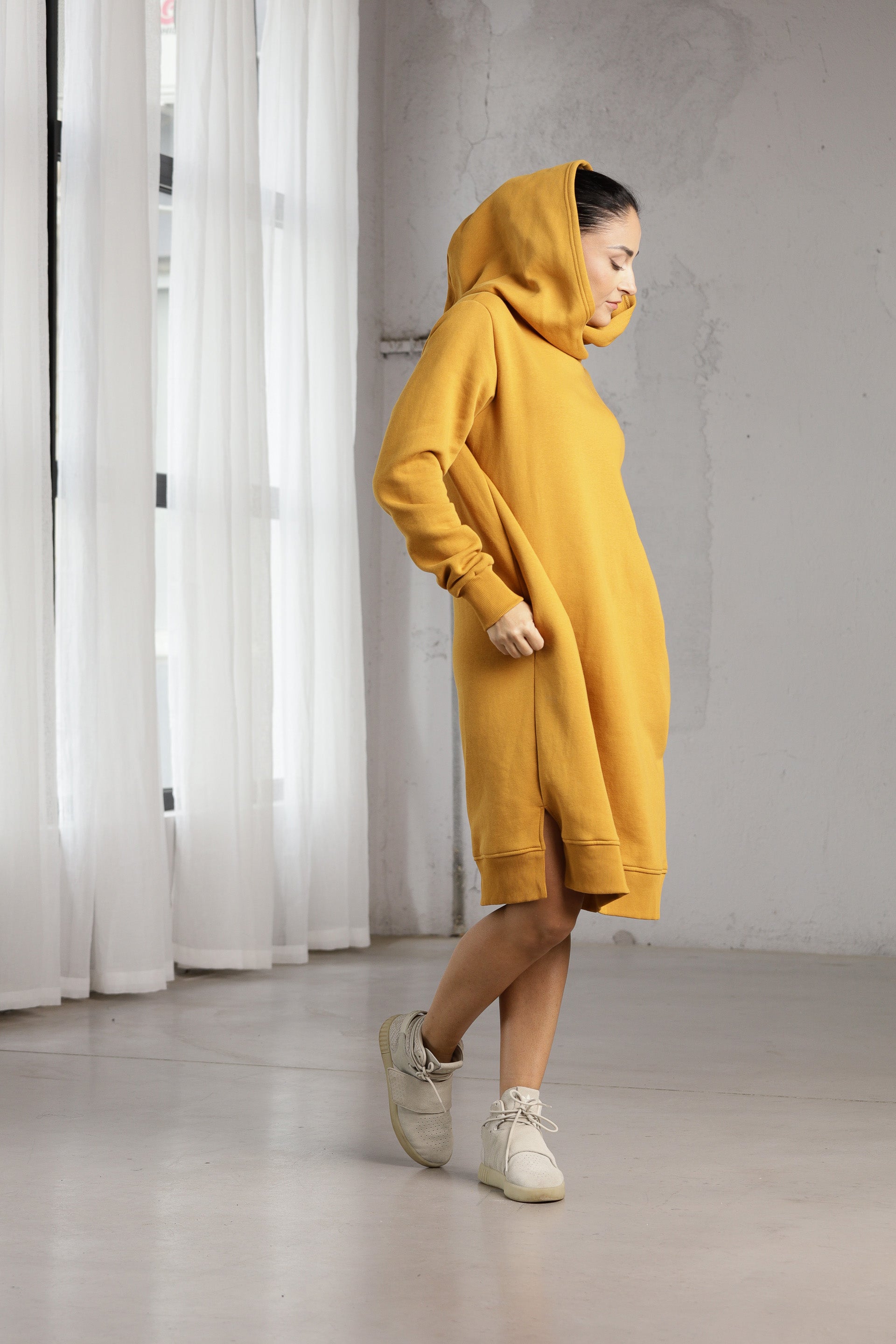 Mustard Hoodie Dress – Oversized Minimalist Sweatshirt Dress