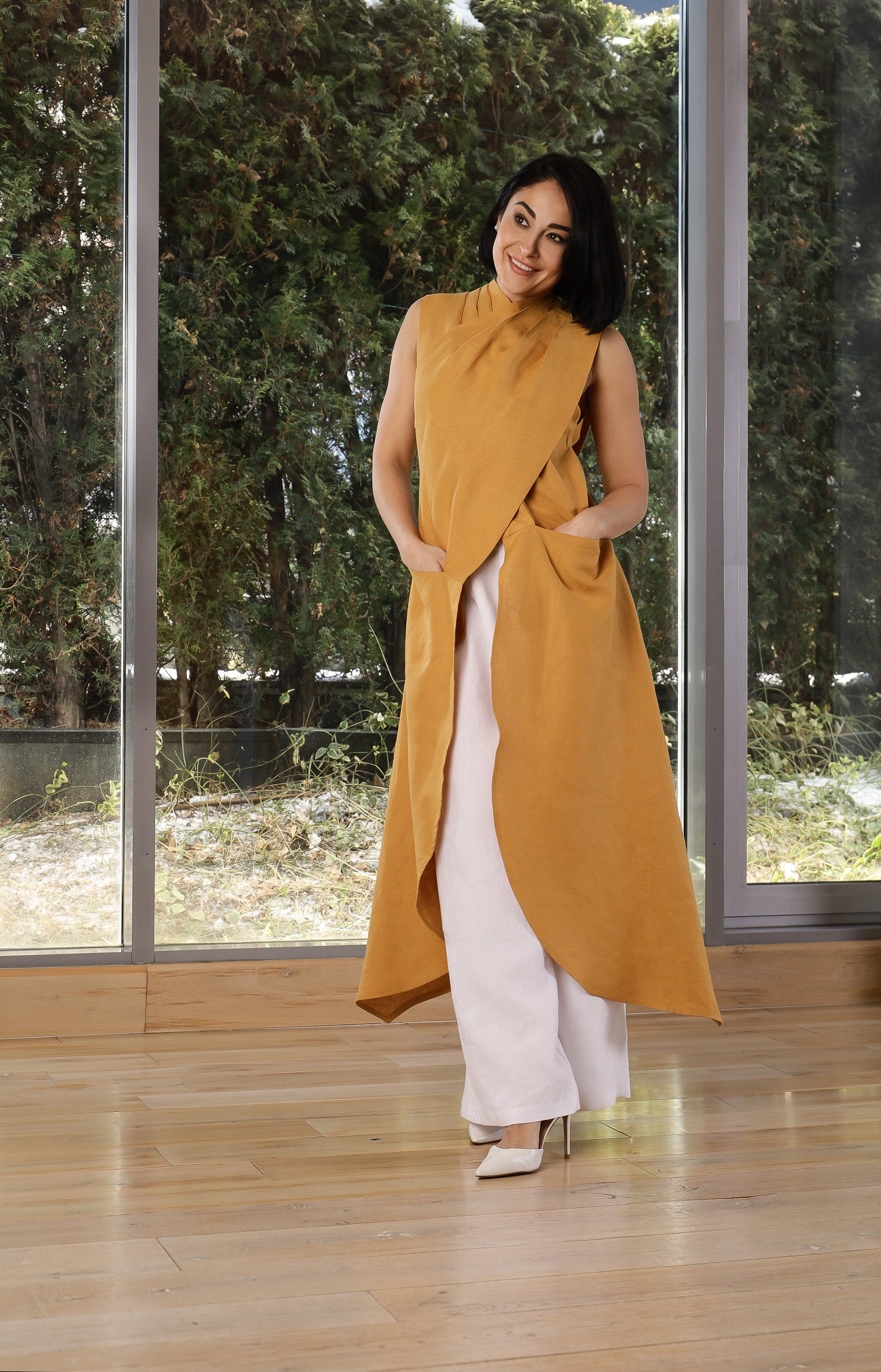 Mustard Linen Asymmetrical Tunic Top – Avant-Garde Sleeveless Vest