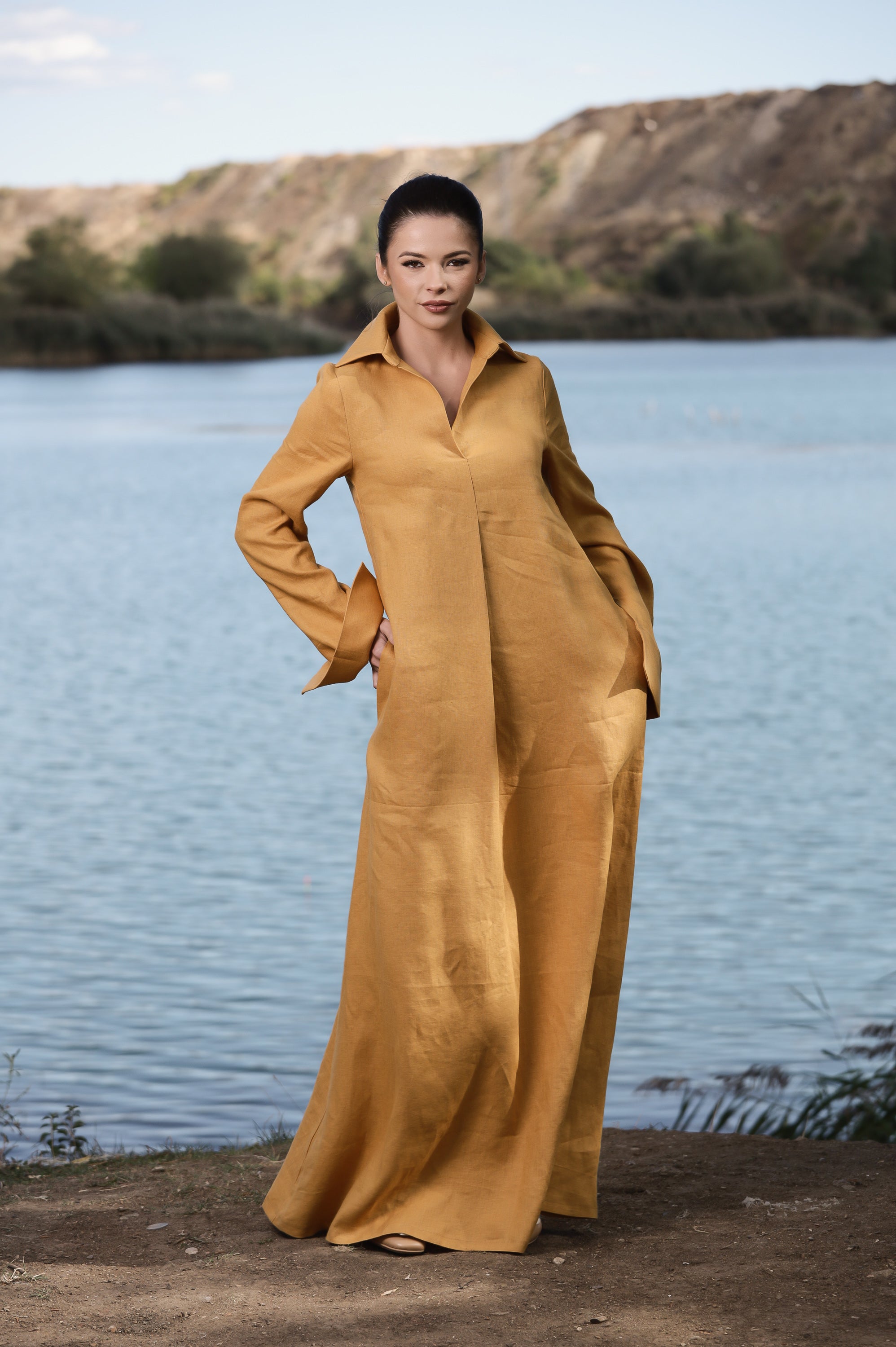 Mustard Linen Maxi Dress with Collar – Elegant Loose Fit Dress