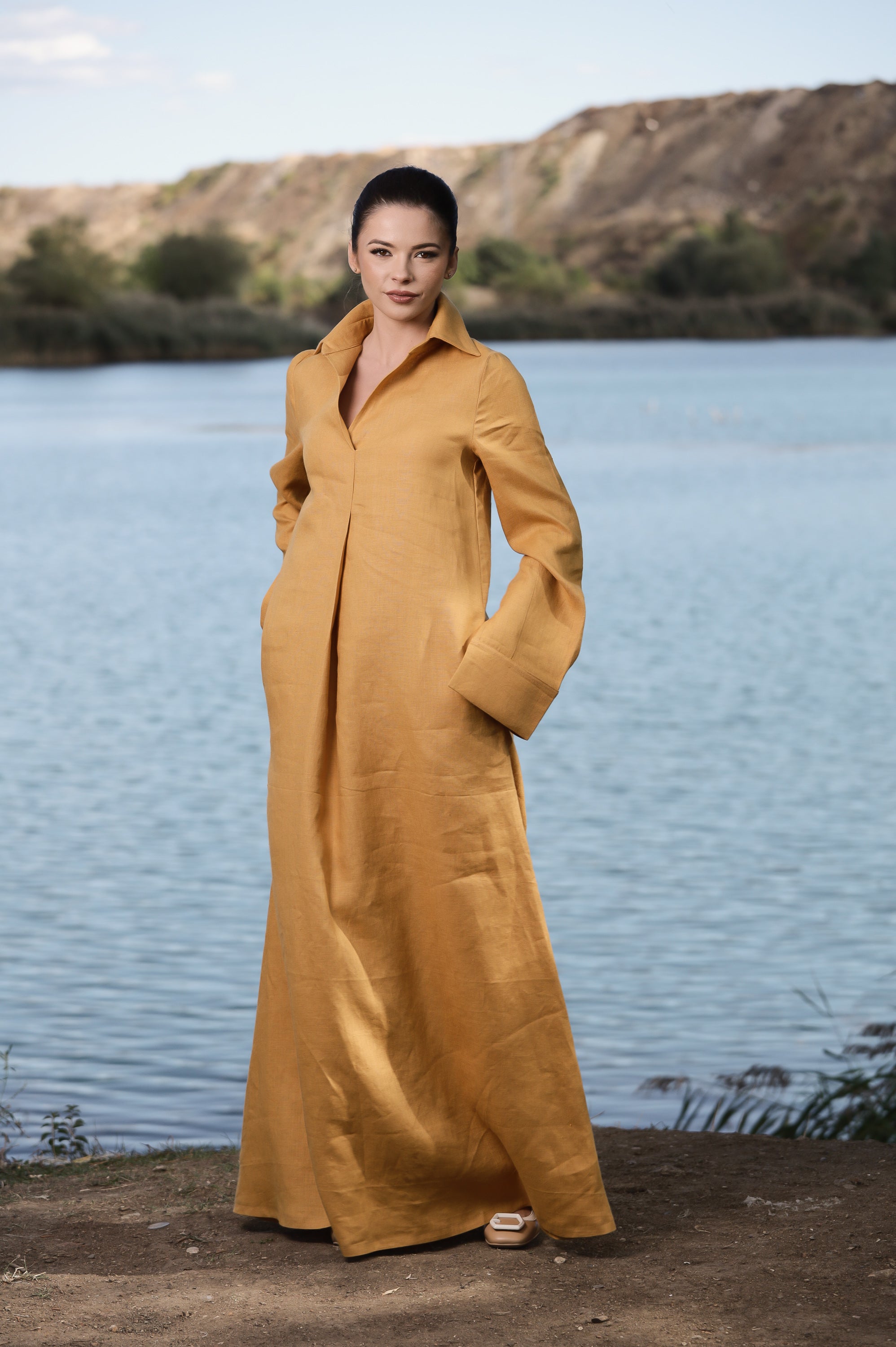 Mustard Linen Maxi Dress with Collar – Elegant Loose Fit Dress