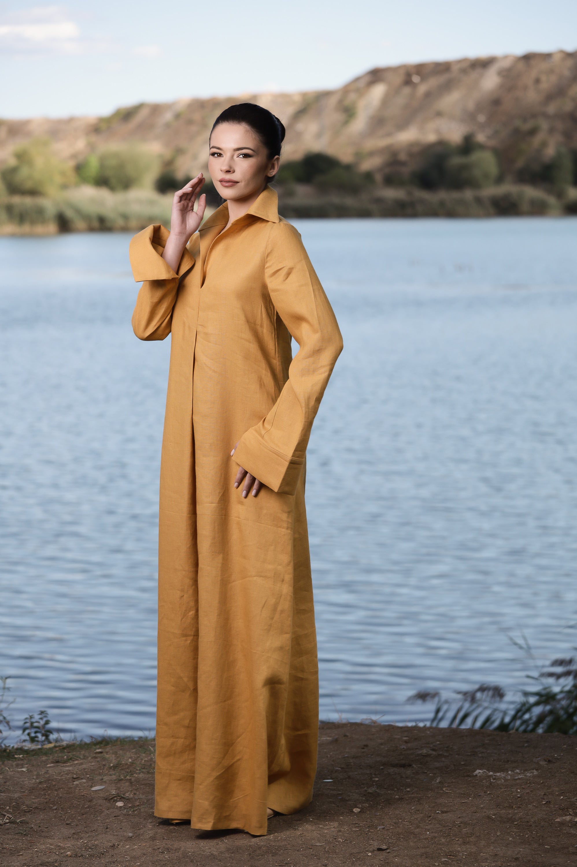 Mustard Linen Maxi Dress with Collar – Elegant Loose Fit Dress