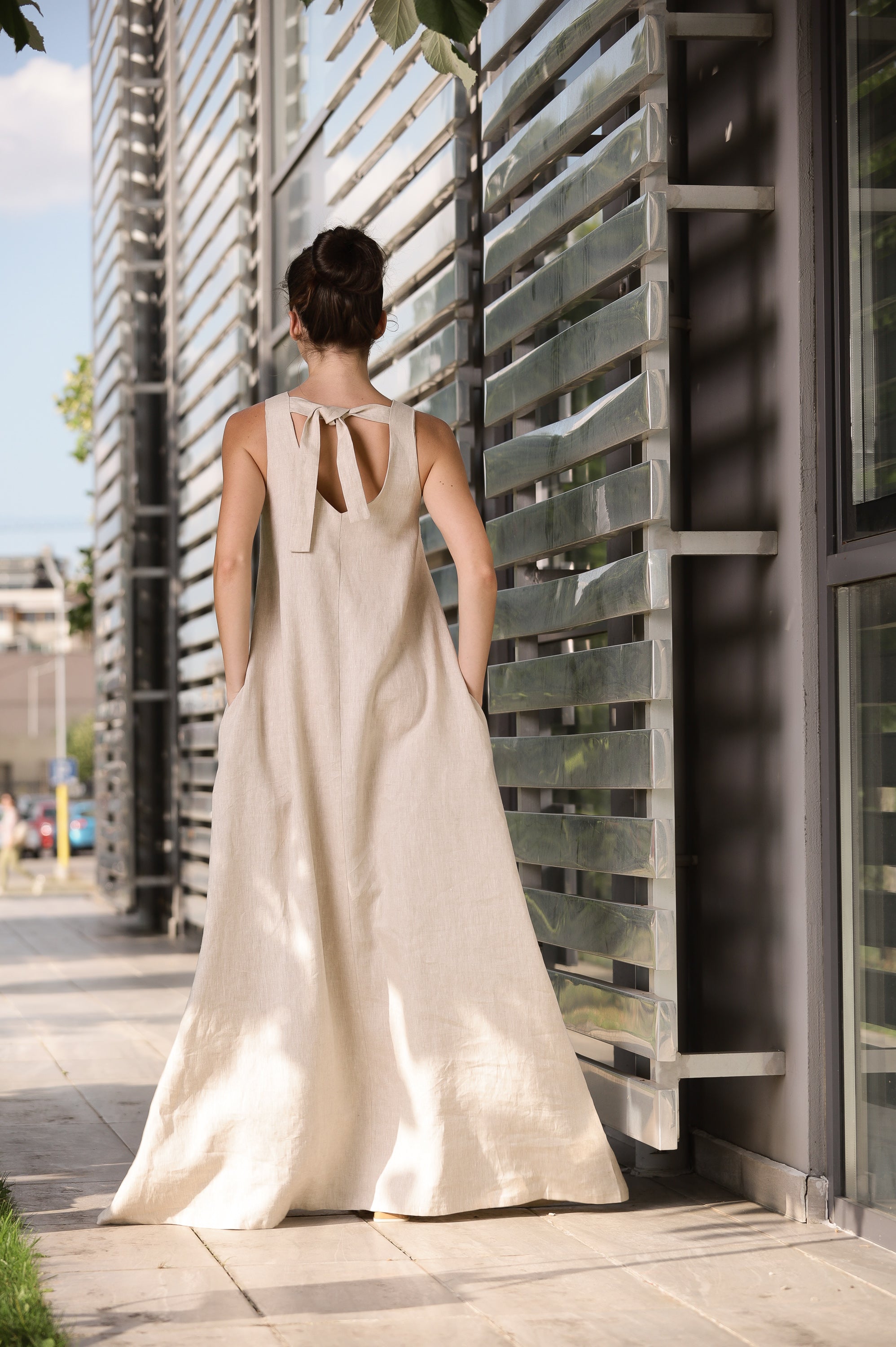 Natural Linen Maxi Dress – Sleeveless A-Line Dress with Back Tie