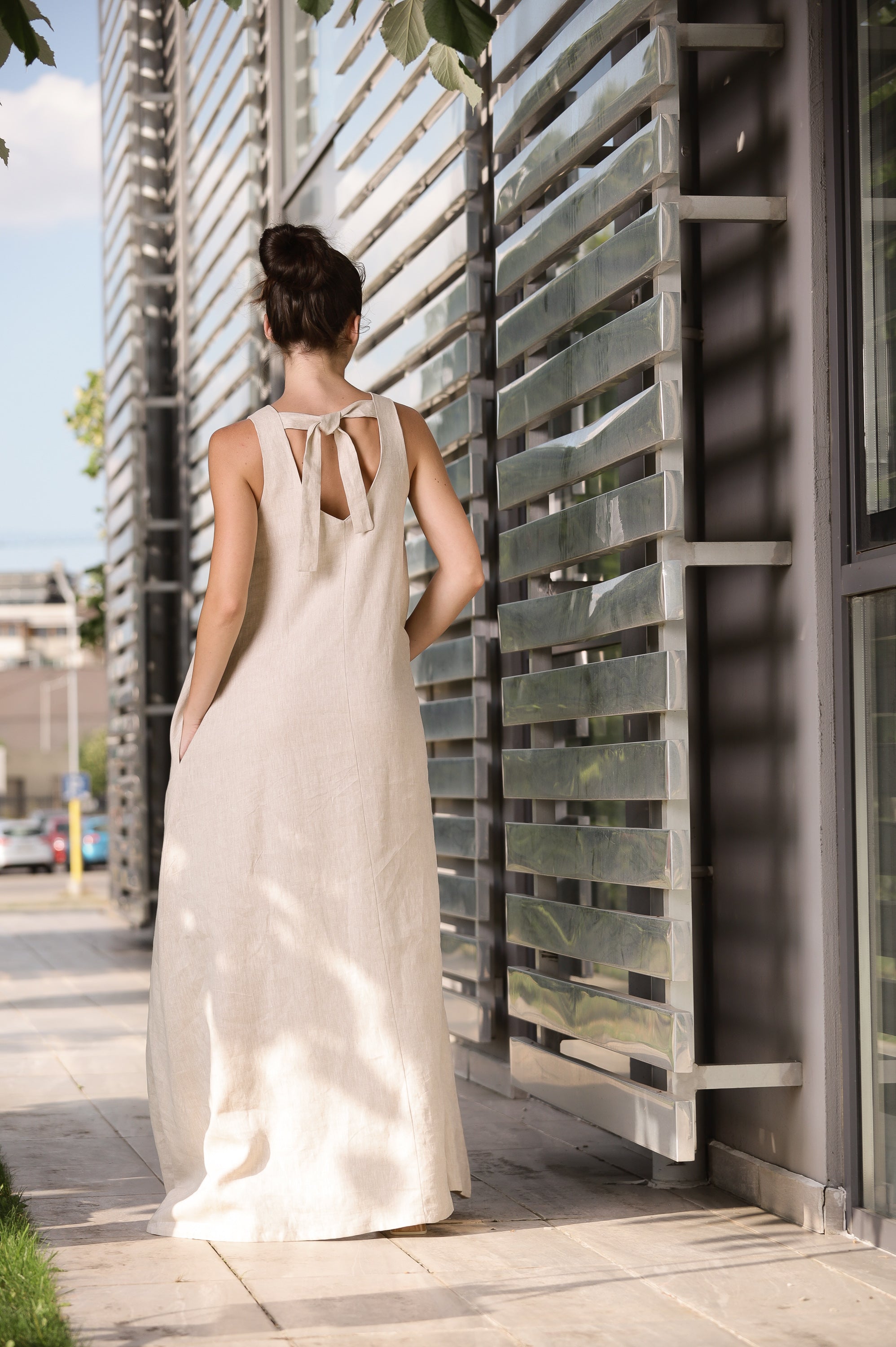 Natural Linen Maxi Dress – Sleeveless A-Line Dress with Back Tie