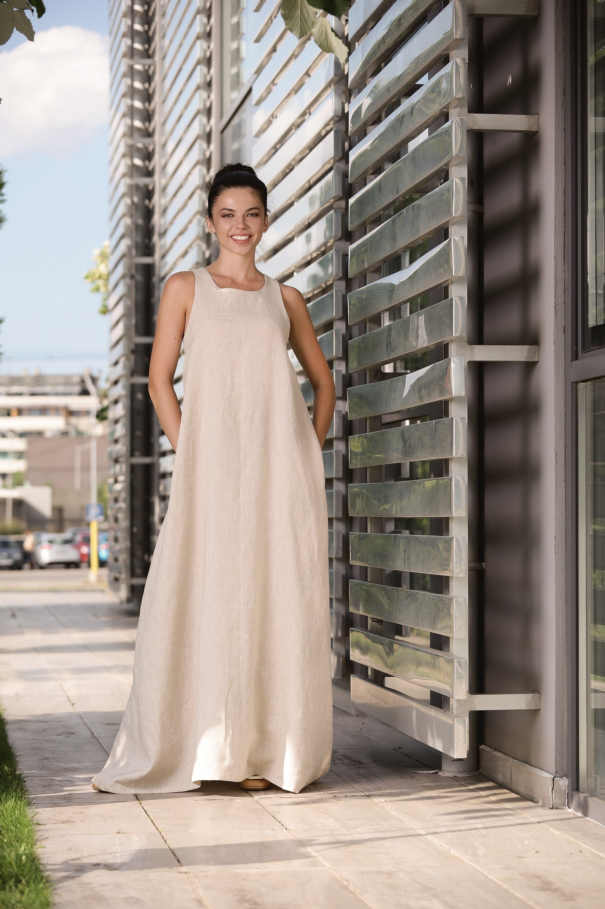 Natural Linen Maxi Dress – Sleeveless A-Line Dress with Back Tie