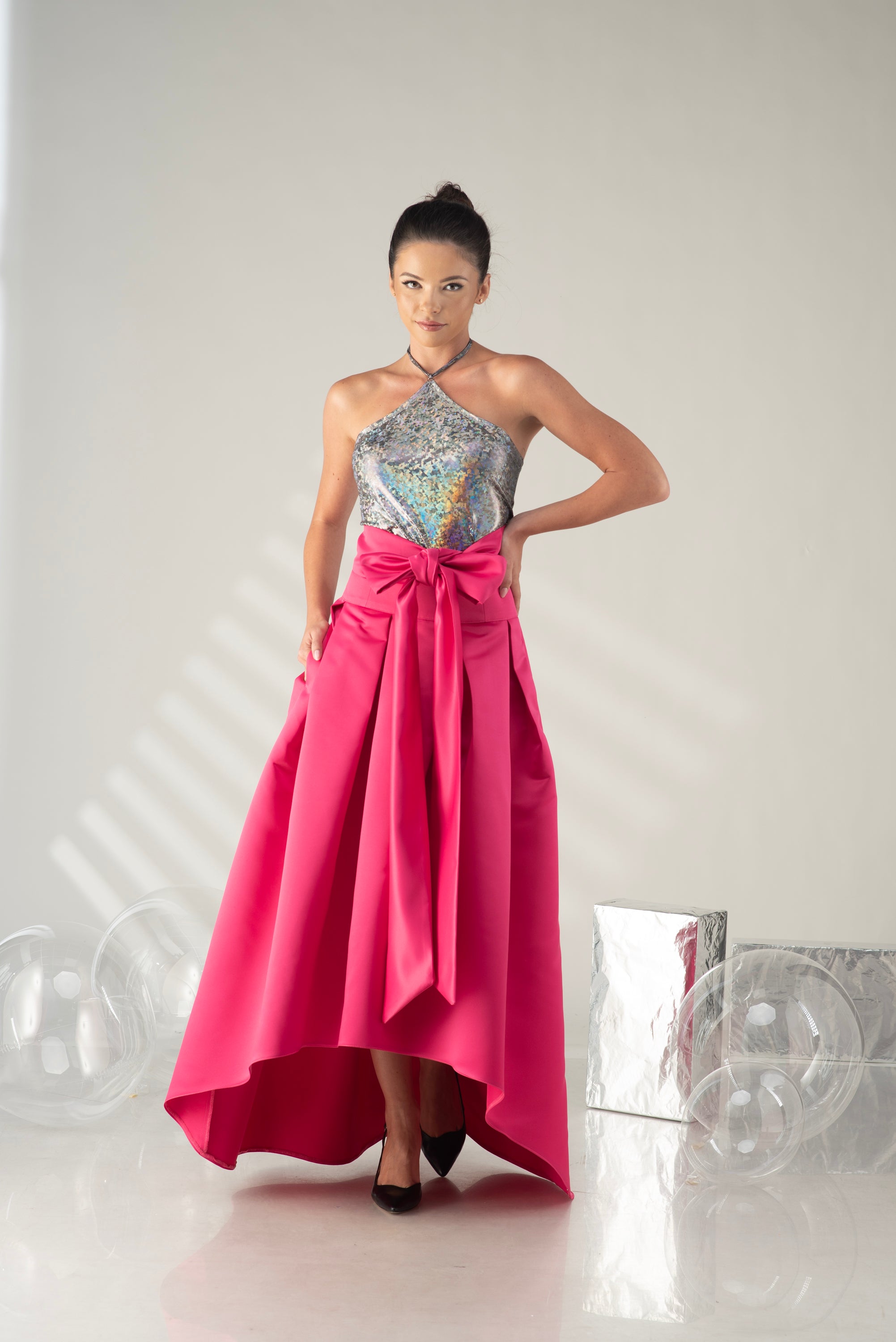Pink High Low Formal Skirt with Bow – Elegant Occasion Skirt