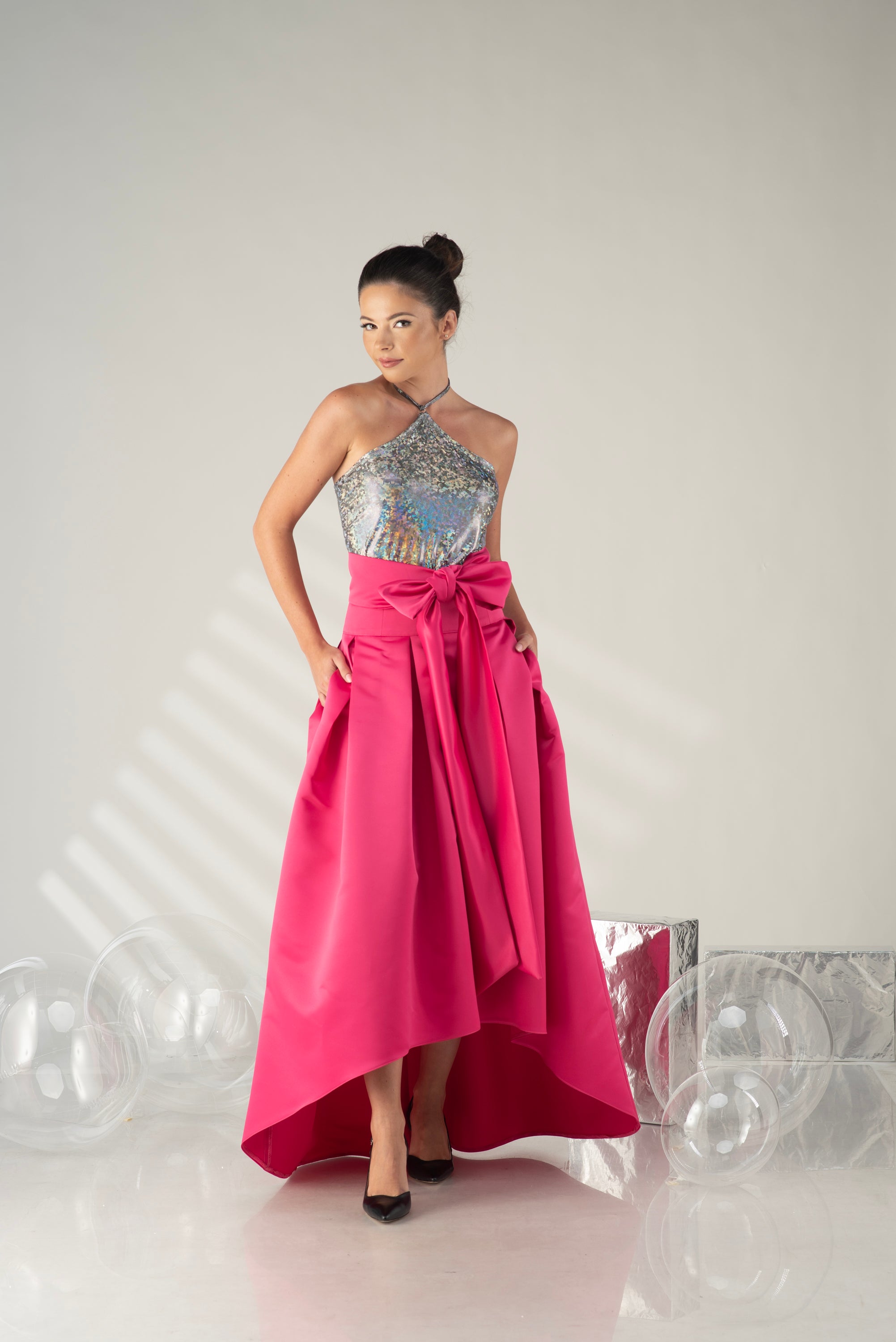 Pink High Low Formal Skirt with Bow – Elegant Occasion Skirt