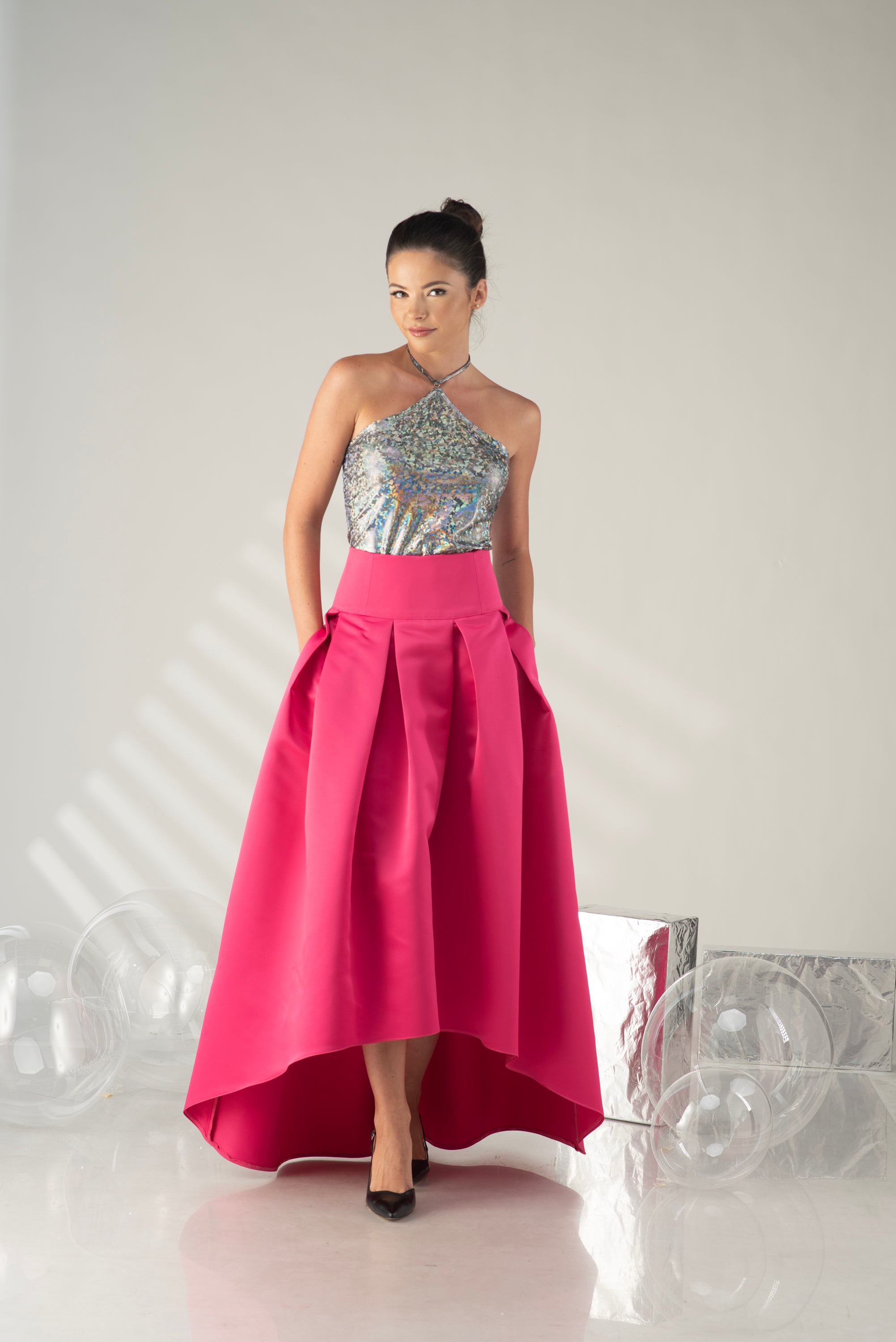 Pink Satin Wedding Guest Skirt – Statement High Low Evening Skirt