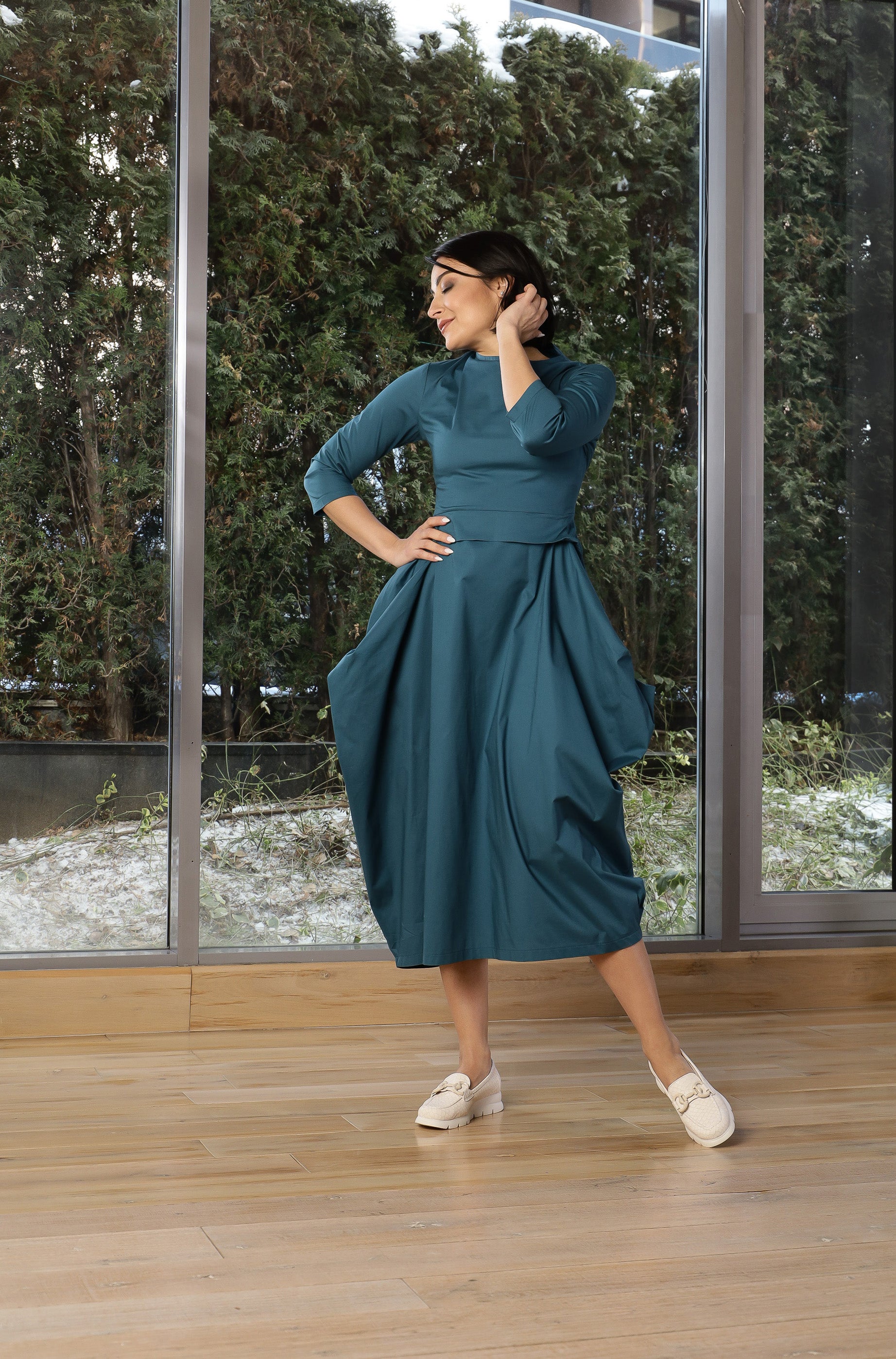 Sculptural Midi Dress – Elegant Gathered Statement Dress