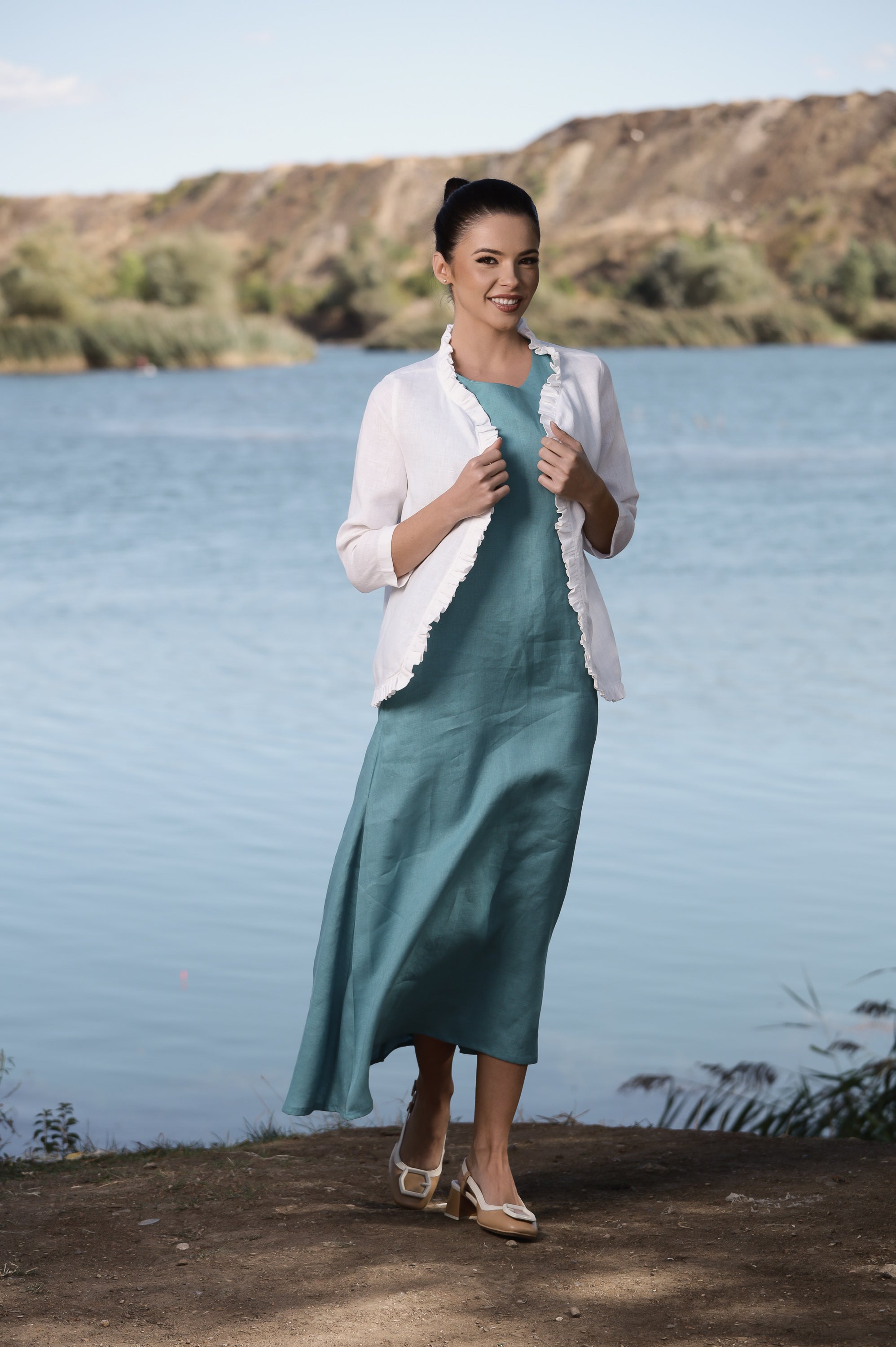 Sky Blue Linen Dress Set with White Linen Jacket – Women's Summer Outfit
