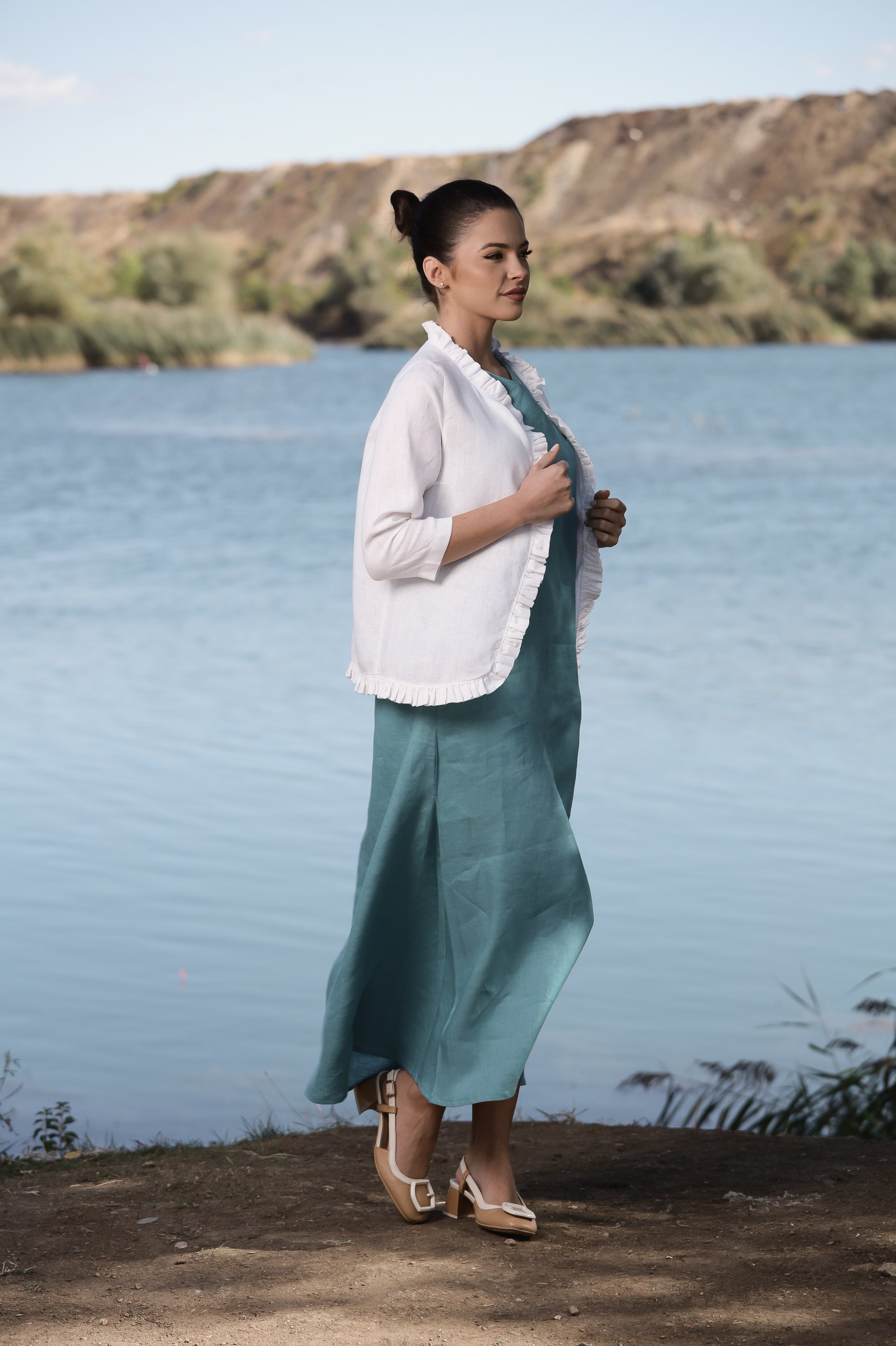 Sky Blue Linen Dress Set with White Linen Jacket – Women's Summer Outfit