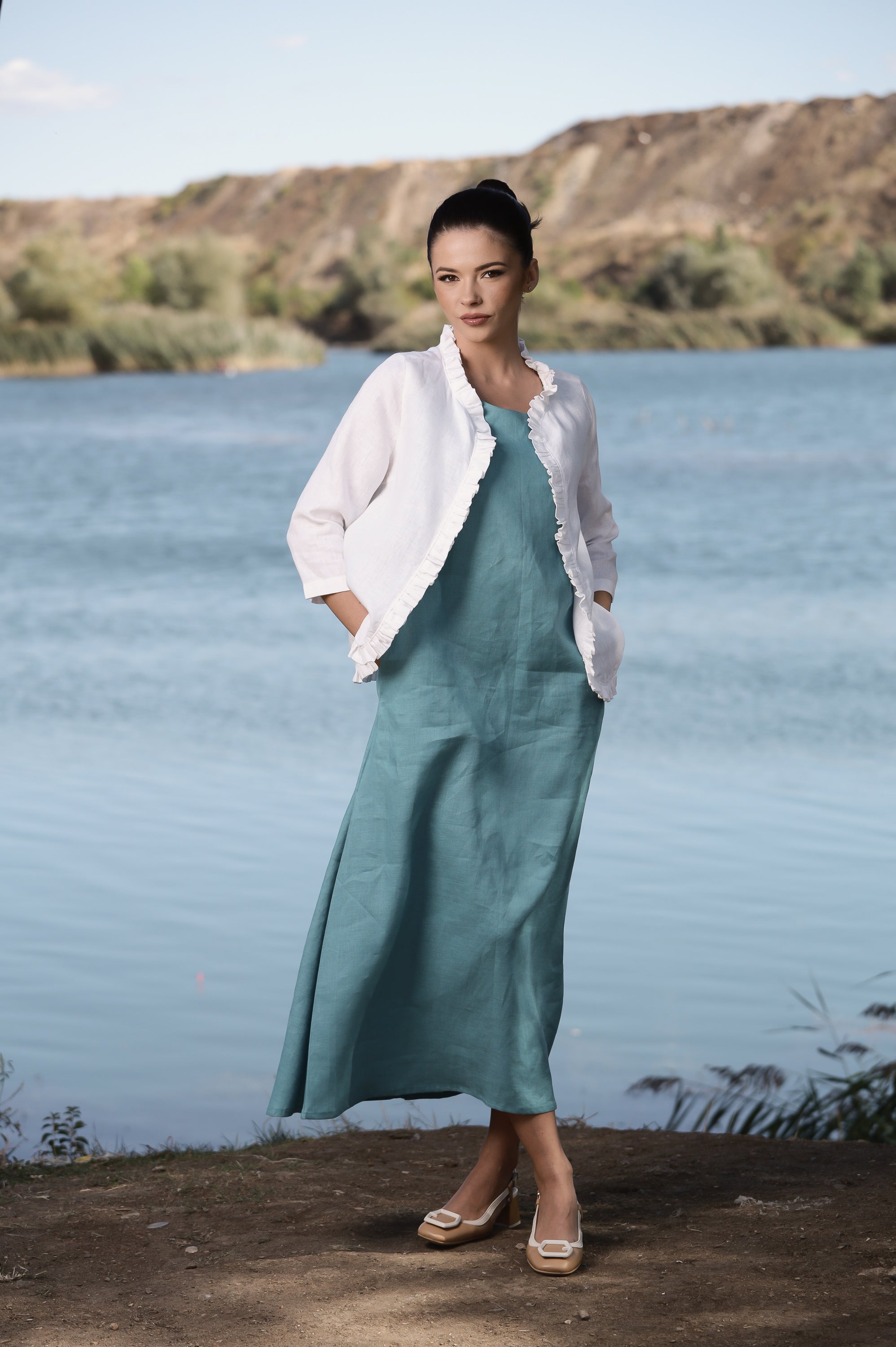 Short Linen Cardigan – White Lightweight Jacket with Soft Ruffles