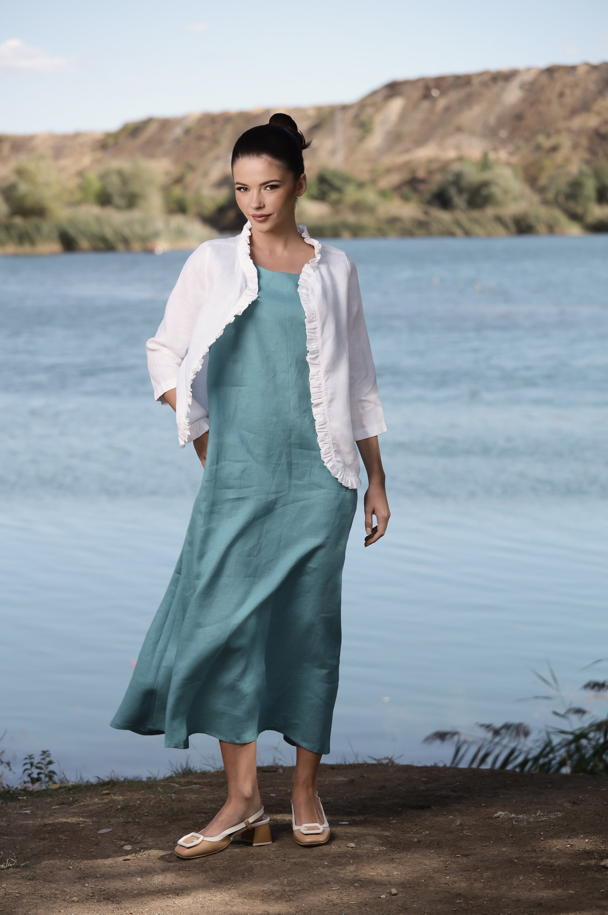 Sky Blue Linen Dress Set with White Linen Jacket – Women's Summer Outfit
