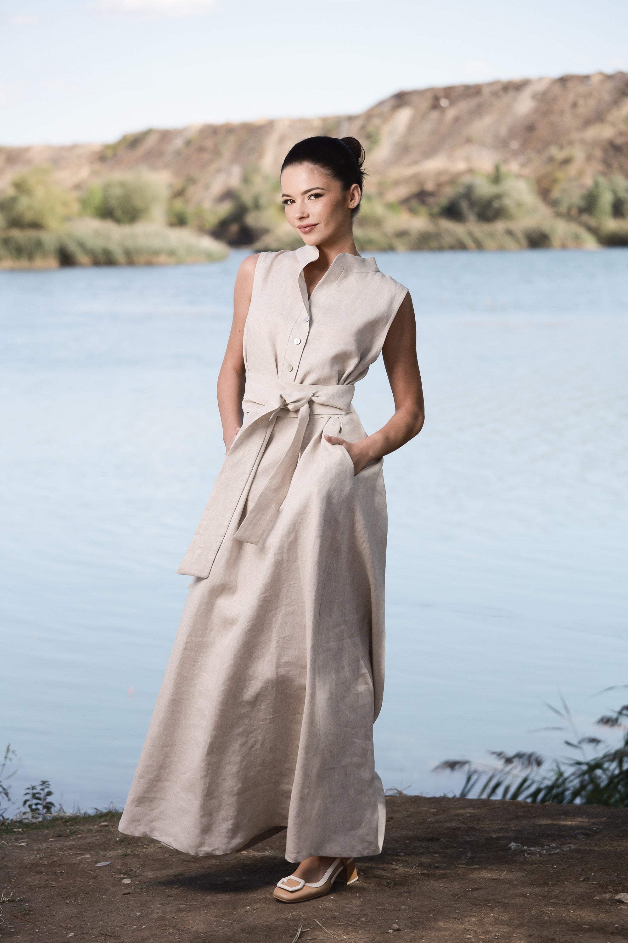 Sleeveless Organic Linen Maxi Dress