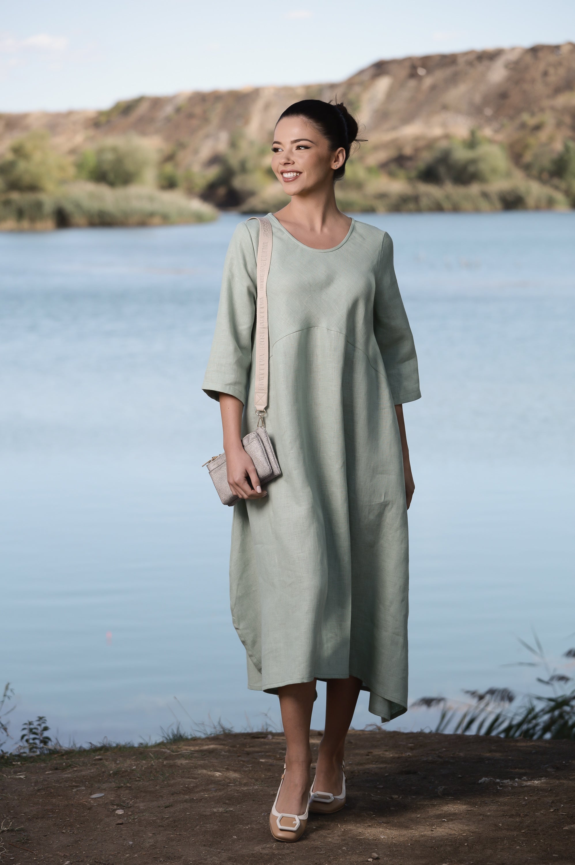 Summer Plus Size Linen Maxi Dress with Long Sleeves