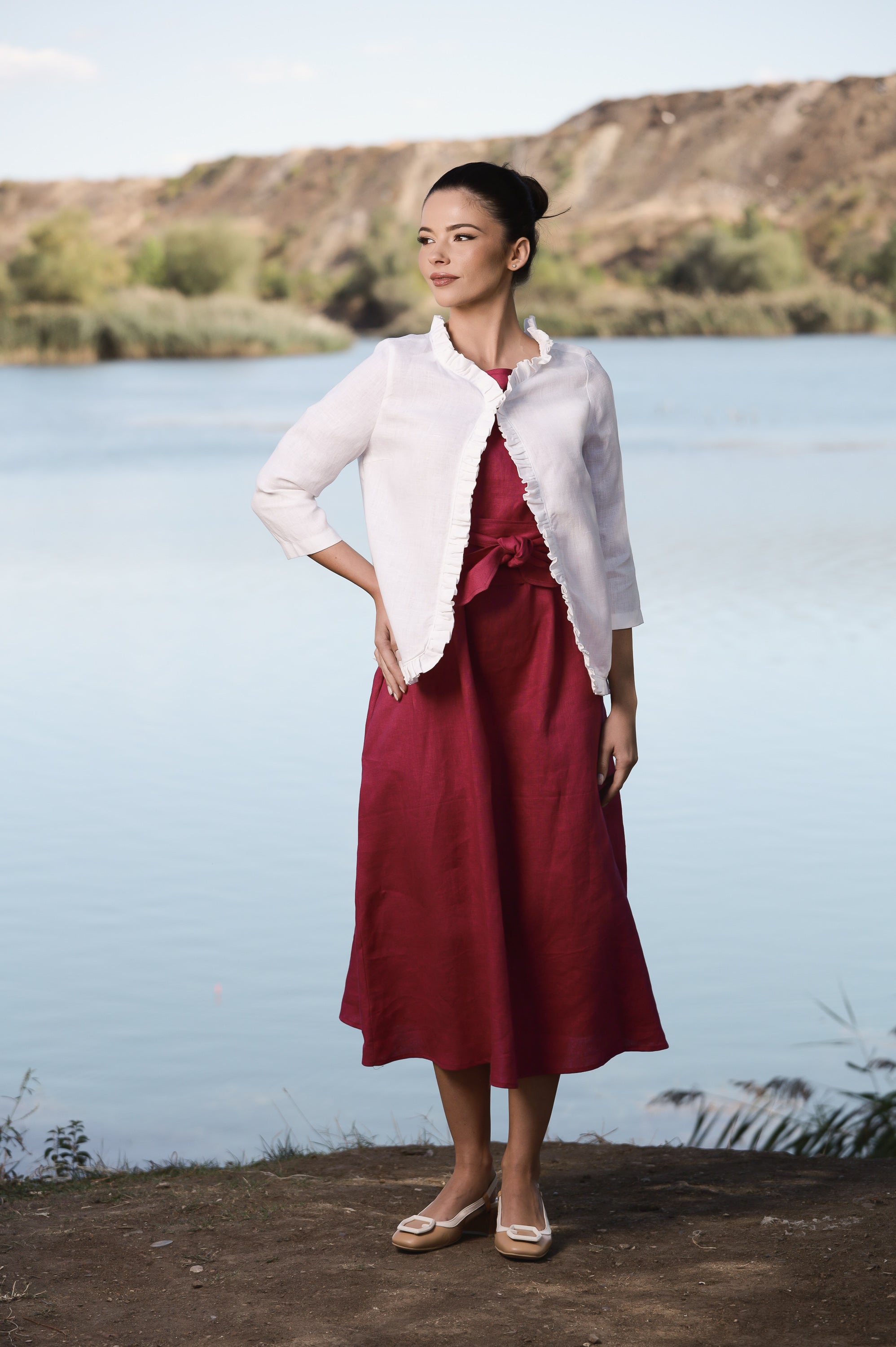 White Linen Cropped Jacket – Lightweight Layer with Ruffle Trim