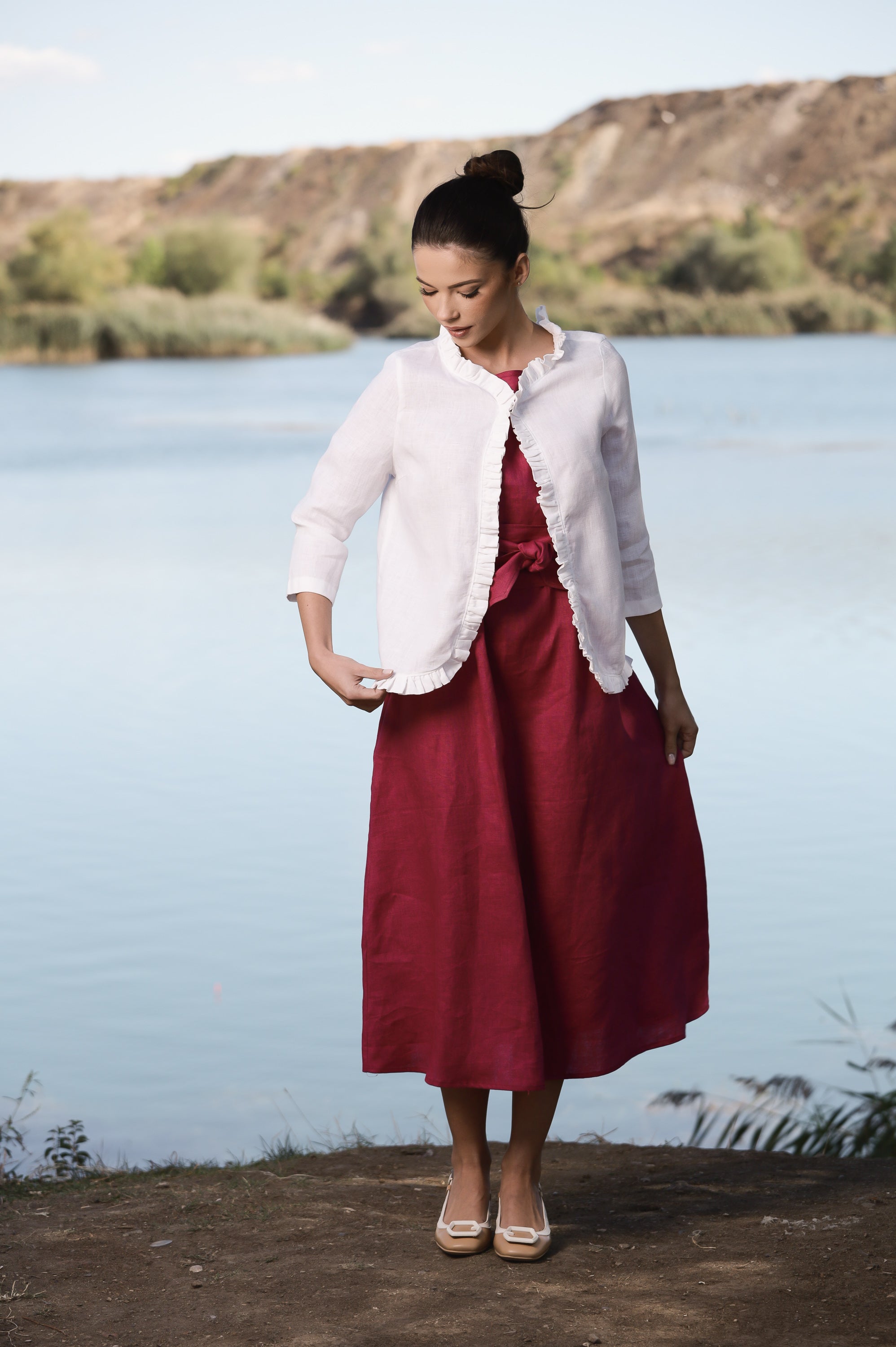 White Linen Cropped Jacket – Lightweight Layer with Ruffle Trim