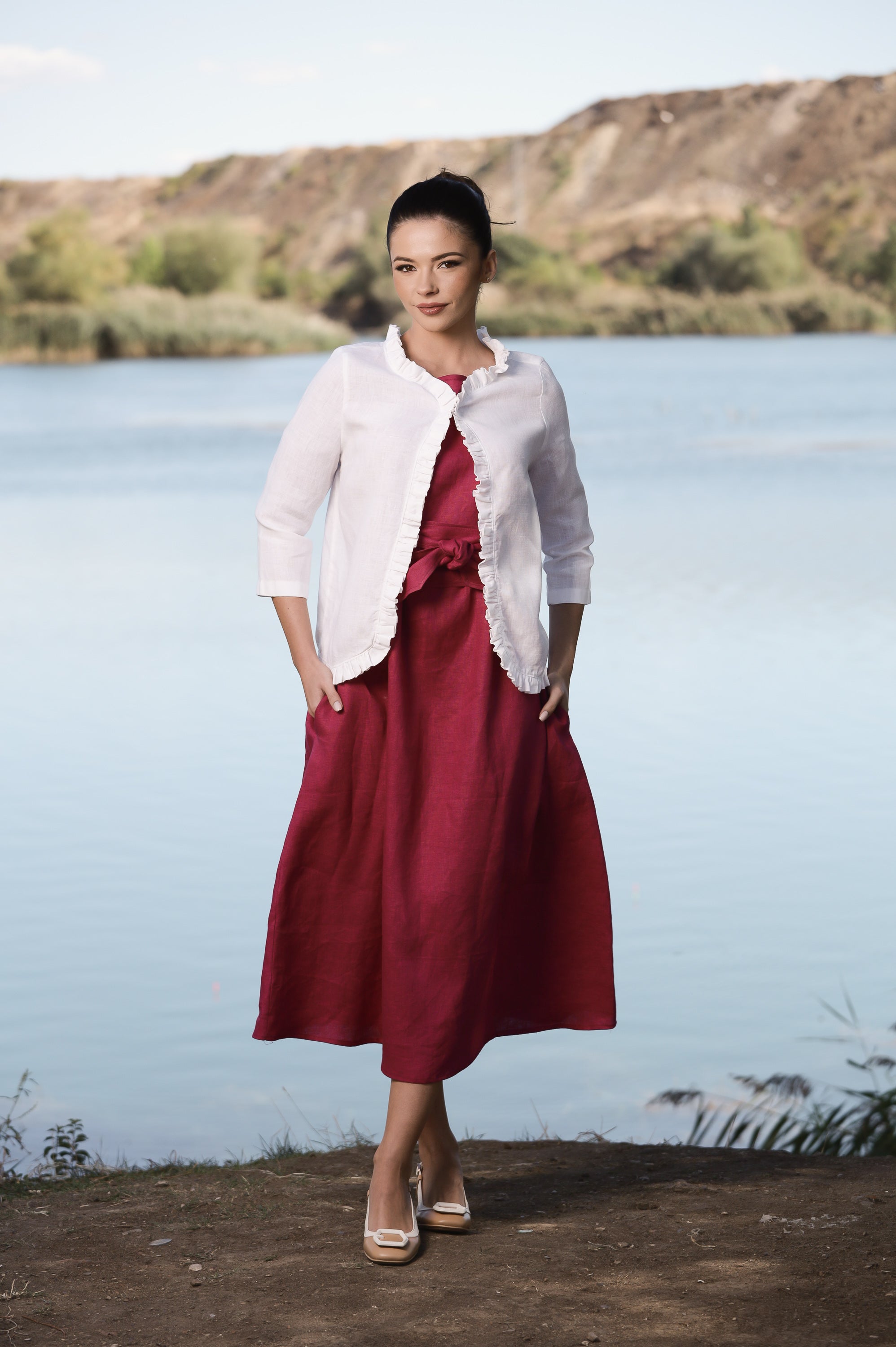 White Linen Cropped Jacket – Lightweight Layer with Ruffle Trim