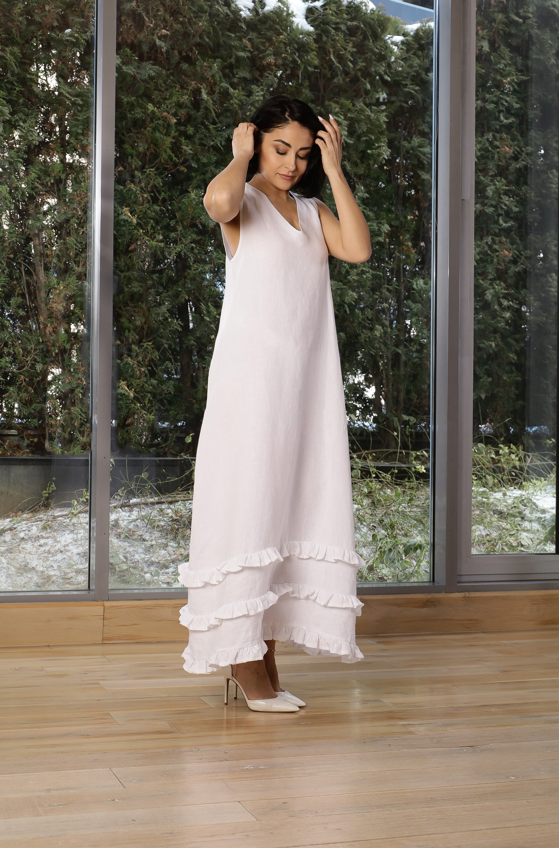 White Linen Maxi Dress with Ruffles – Sleeveless Boho Linen Dress