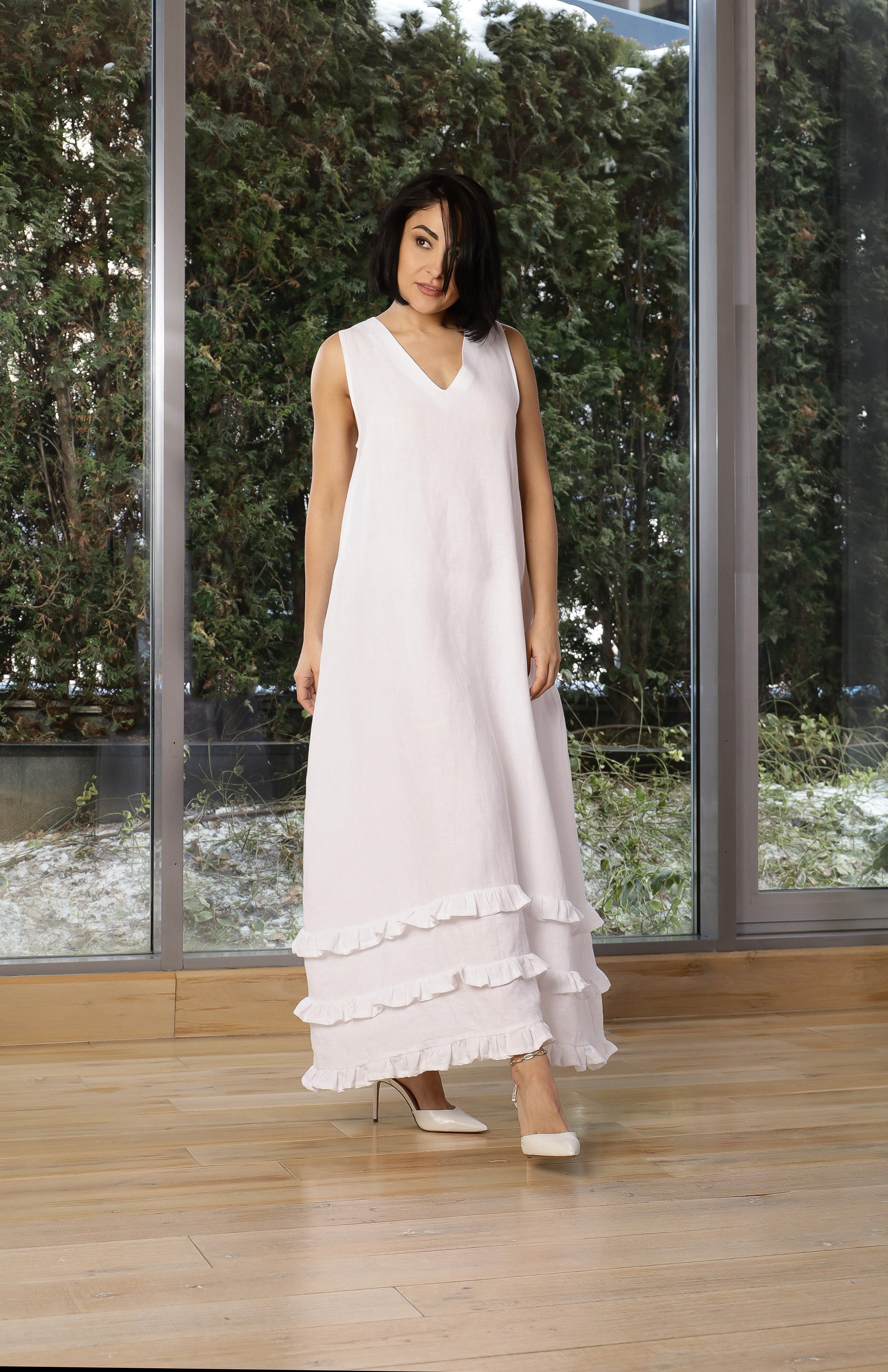 White Linen Maxi Dress with Ruffles – Sleeveless Boho Linen Dress