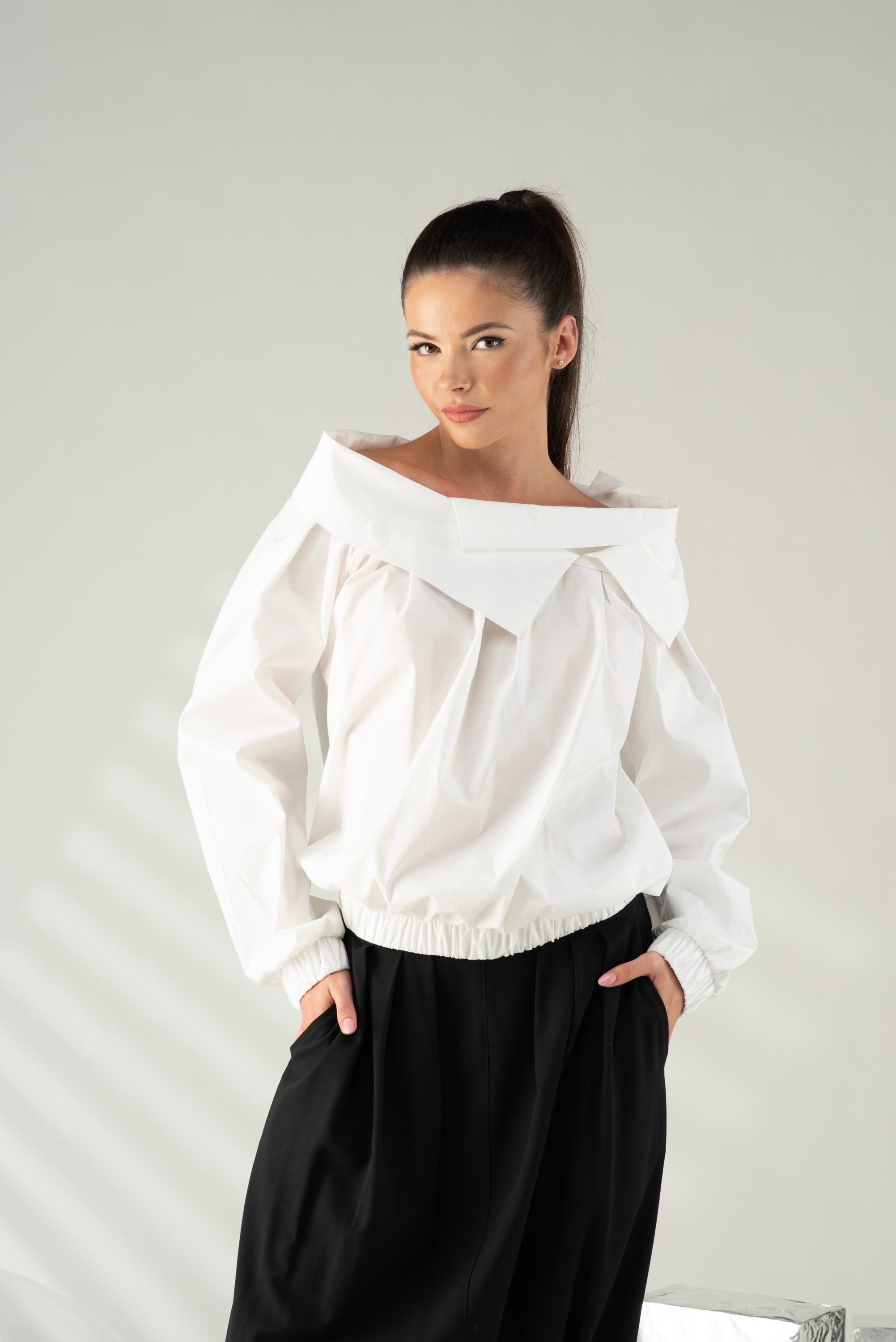 White Off Shoulder Blouse – Architectural Cotton Statement Top