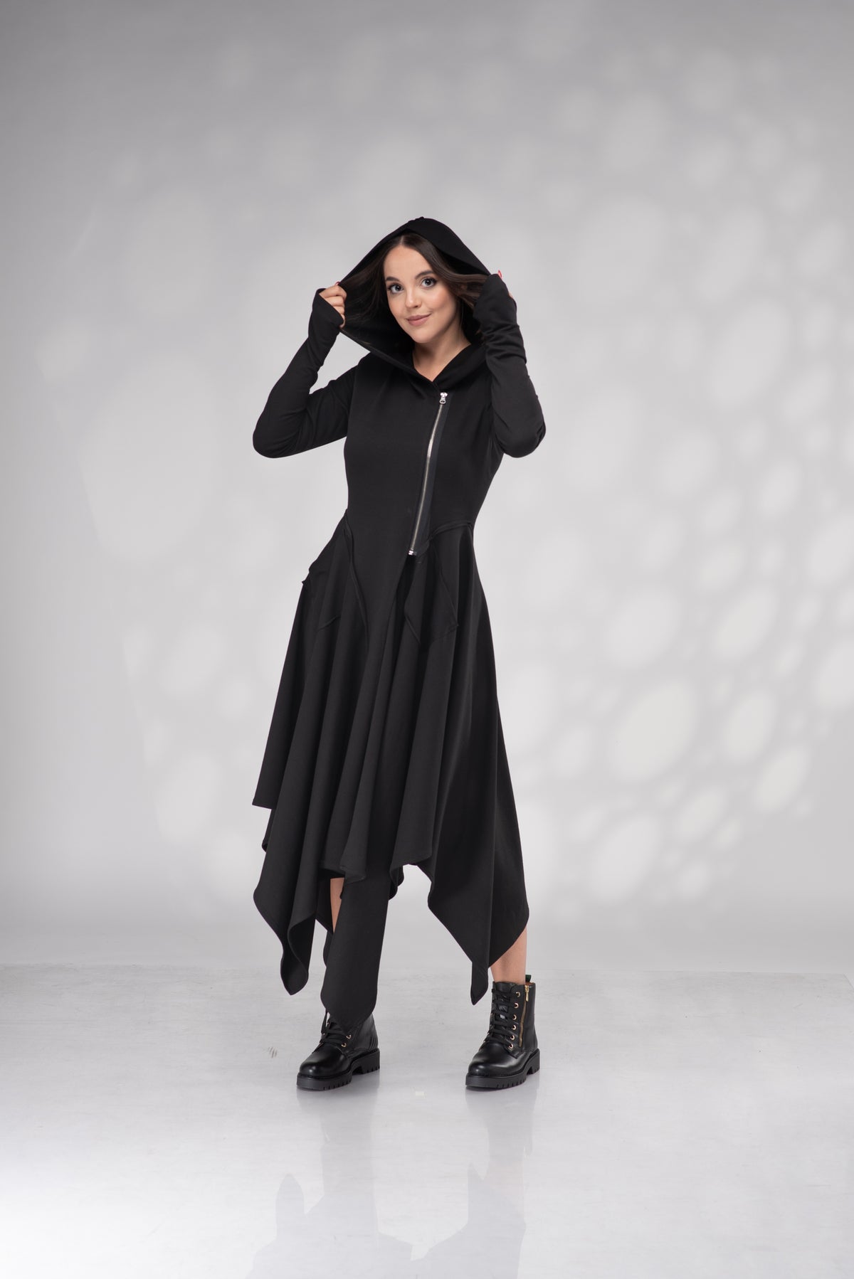 Women's Black Hooded Asymmetrical Midi Dress with Zip Front