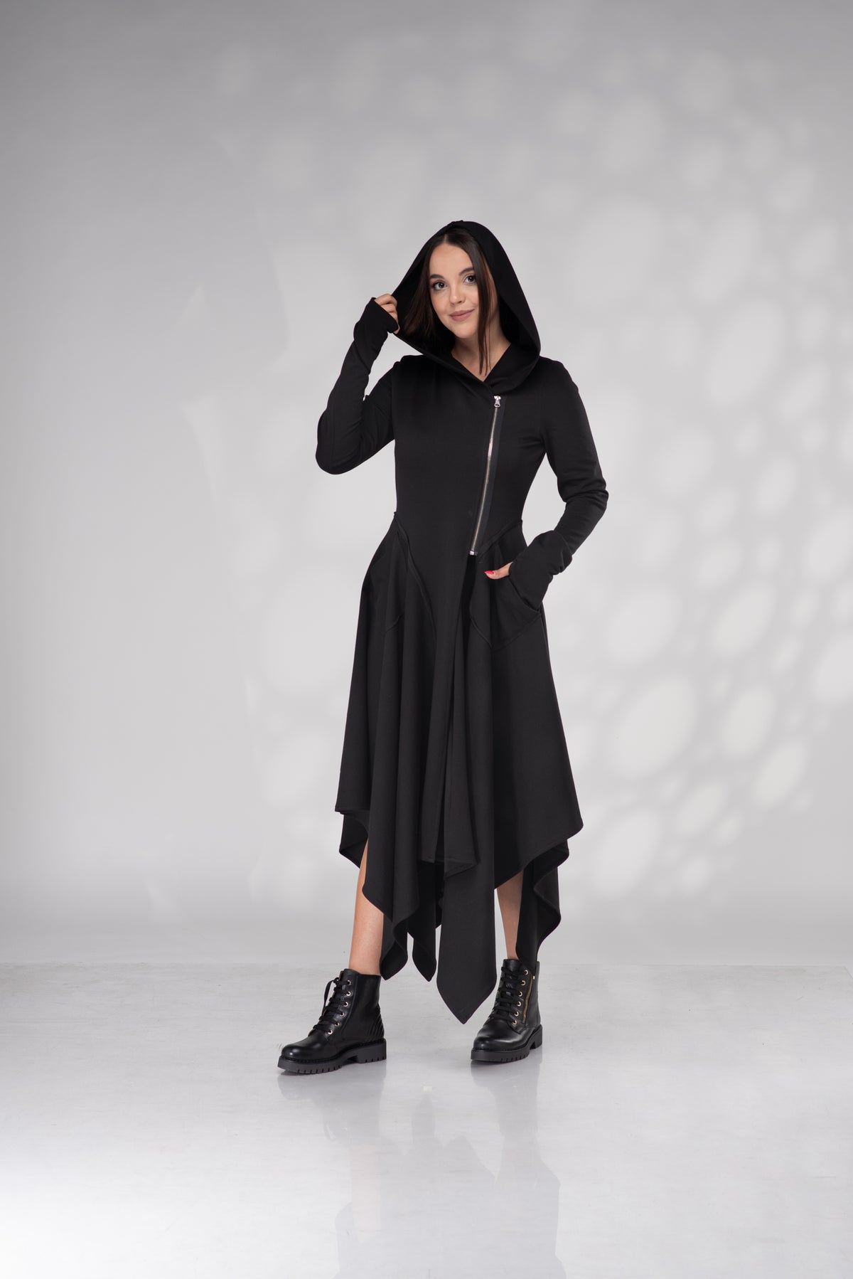 Women's Black Hooded Asymmetrical Midi Dress with Zip Front