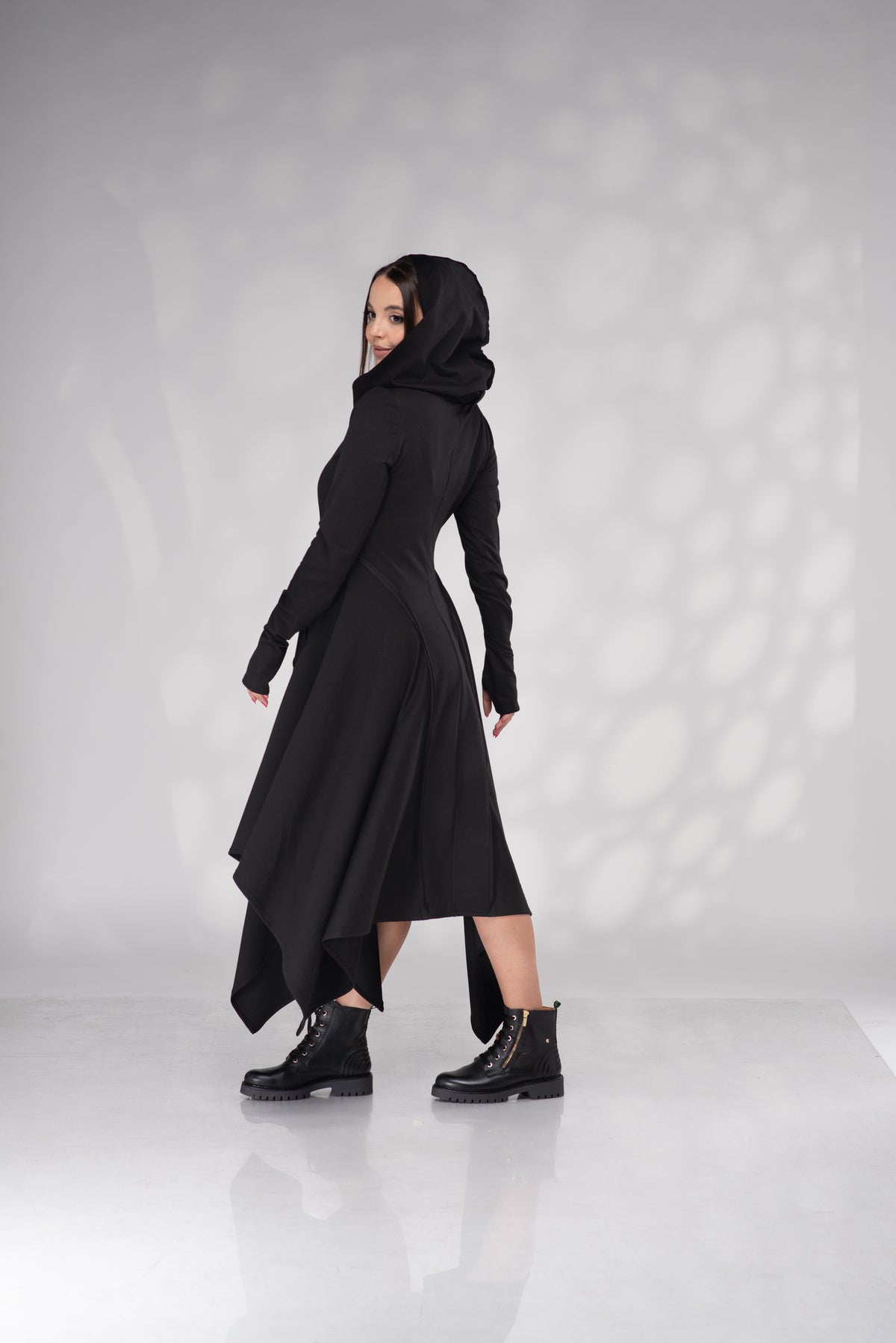 Women's Black Hooded Asymmetrical Midi Dress with Zip Front