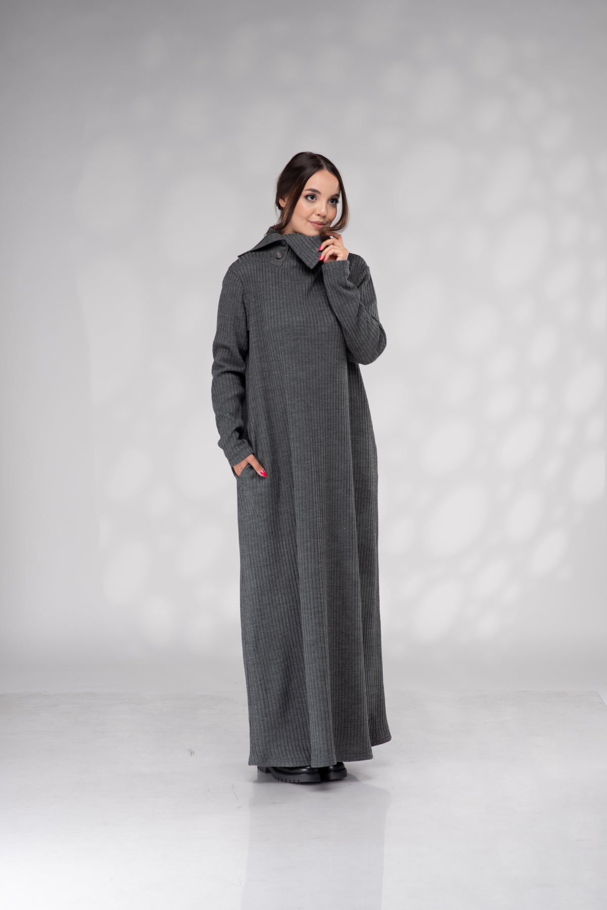 Women's Graphite Gray Ribbed Maxi Dress with High Collar and Pockets