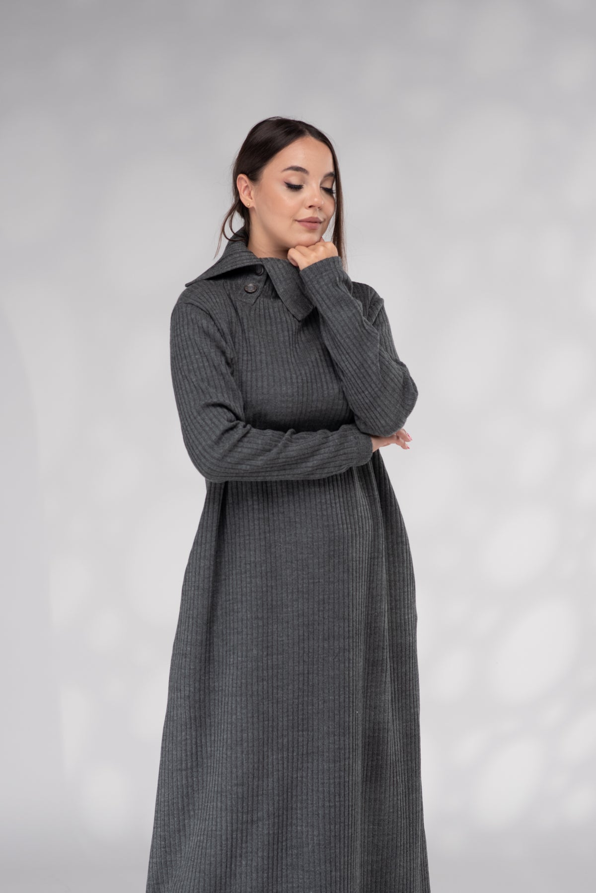 Women's Graphite Gray Ribbed Maxi Dress with High Collar and Pockets