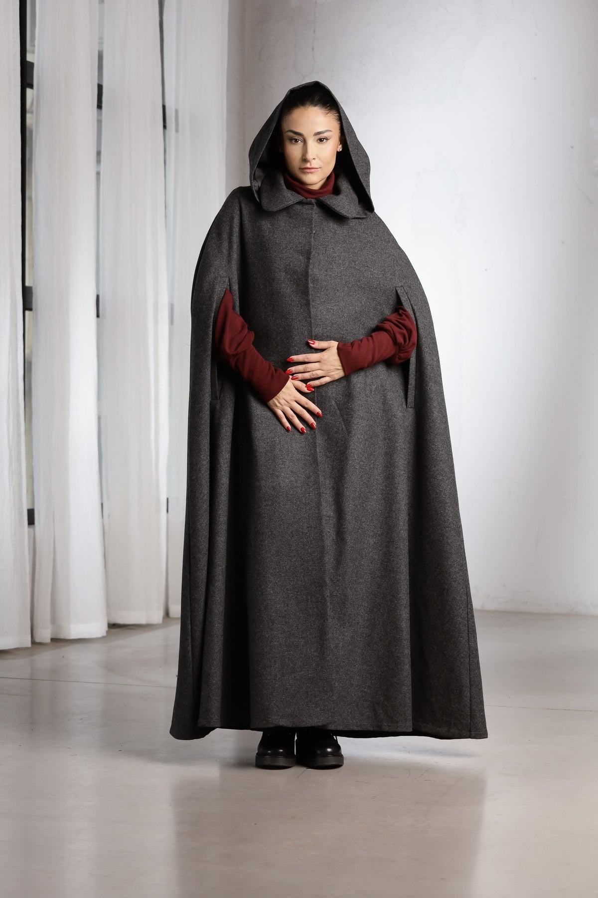 Women's Hooded Wool Cape Coat – Charcoal Gray Long Winter Cape with Collar