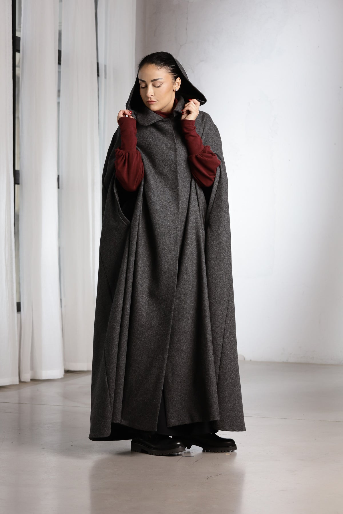Women's Hooded Wool Cape Coat – Charcoal Gray Long Winter Cape with Collar