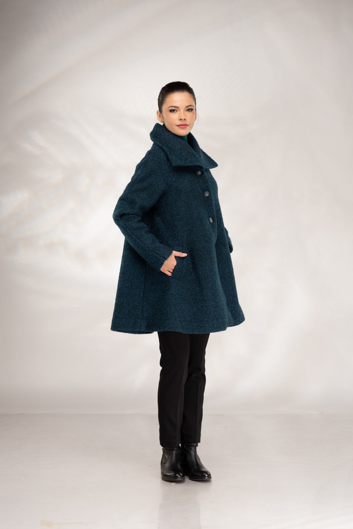 Women’s Short Wool Coat in Teal Boucle, A-Line with Oversized Collar