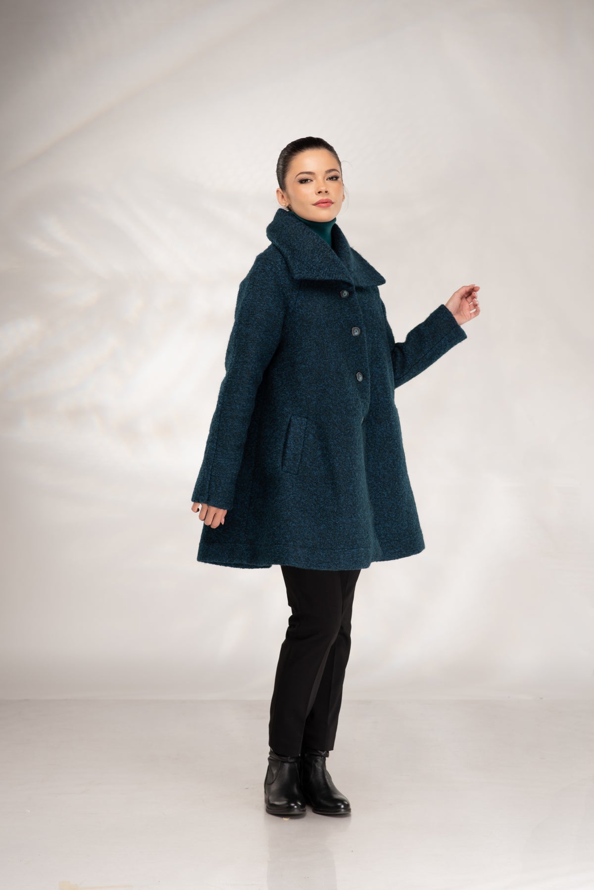 Women’s Short Wool Coat in Teal Boucle, A-Line with Oversized Collar