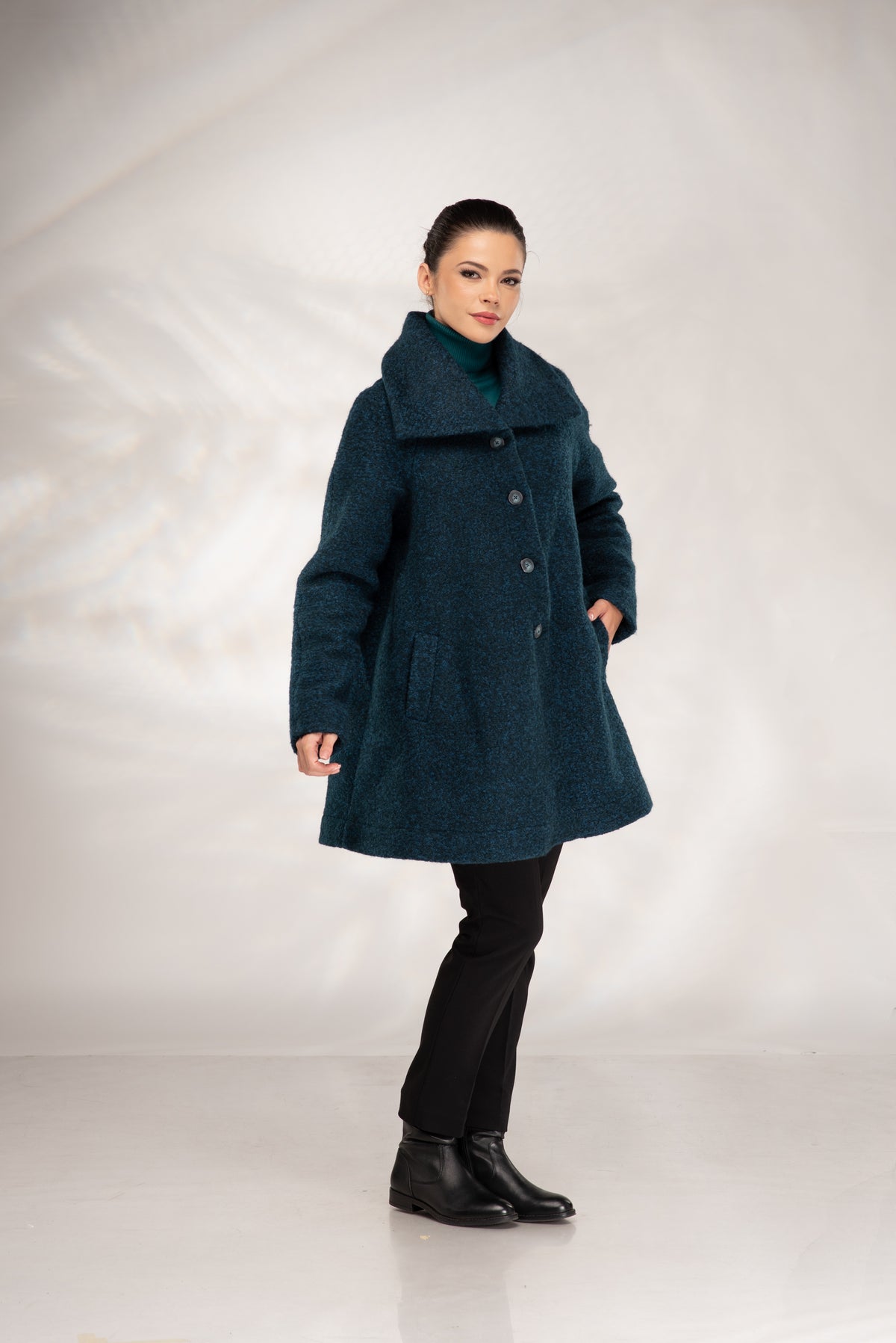 Women’s Short Wool Coat in Teal Boucle, A-Line with Oversized Collar