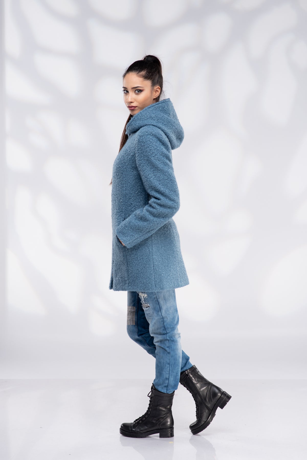 Women's Sky Blue Hooded Wool Coat – Warm Zip-Up Winter Coat