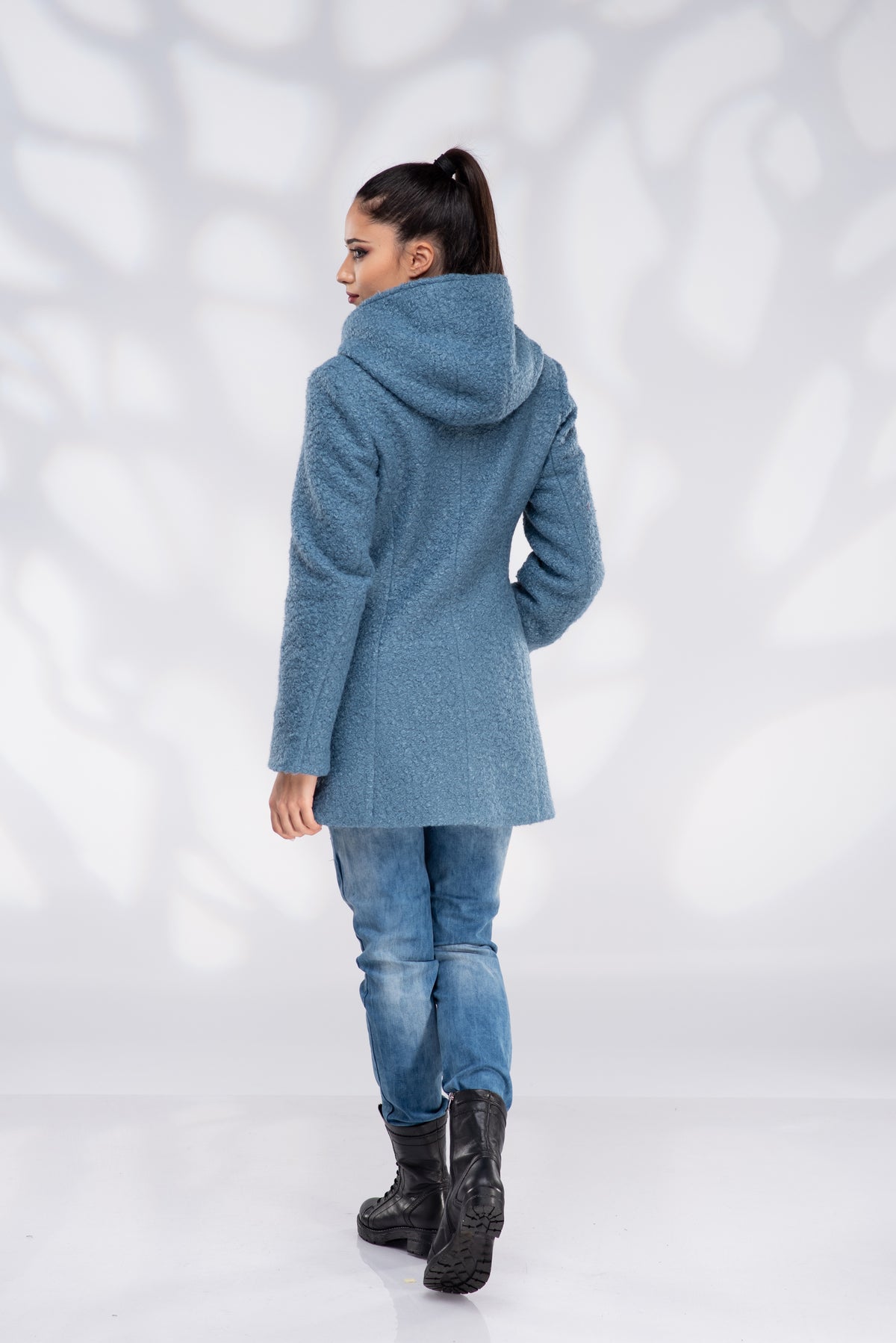 Women's Sky Blue Hooded Wool Coat – Warm Zip-Up Winter Coat