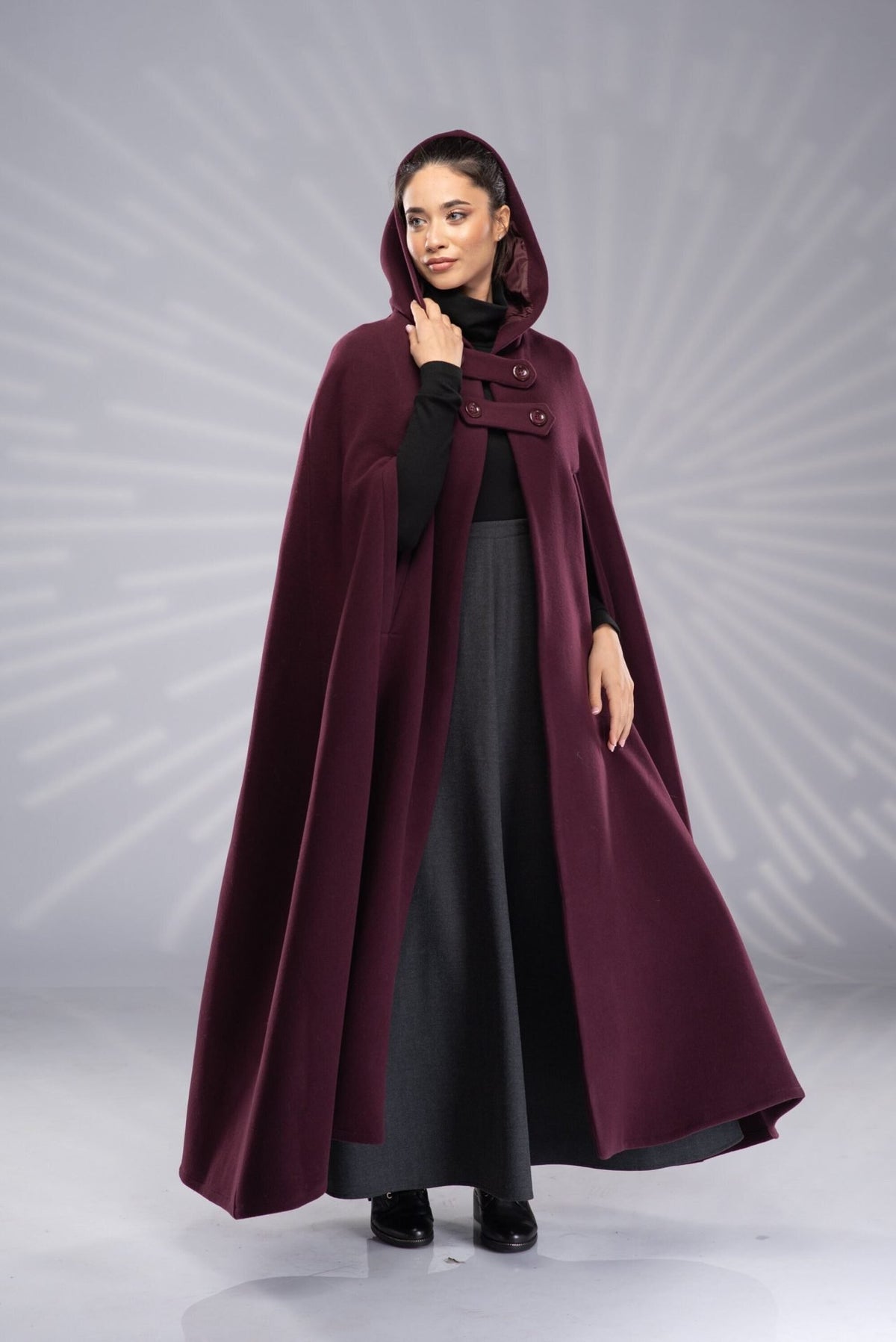 Wool Coat Cloak with Hood Long Maxi Hooded Cloak