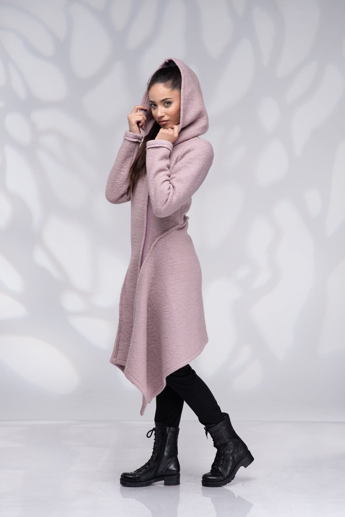 Wool Coat Winter Hooded Assymetrical with Zip