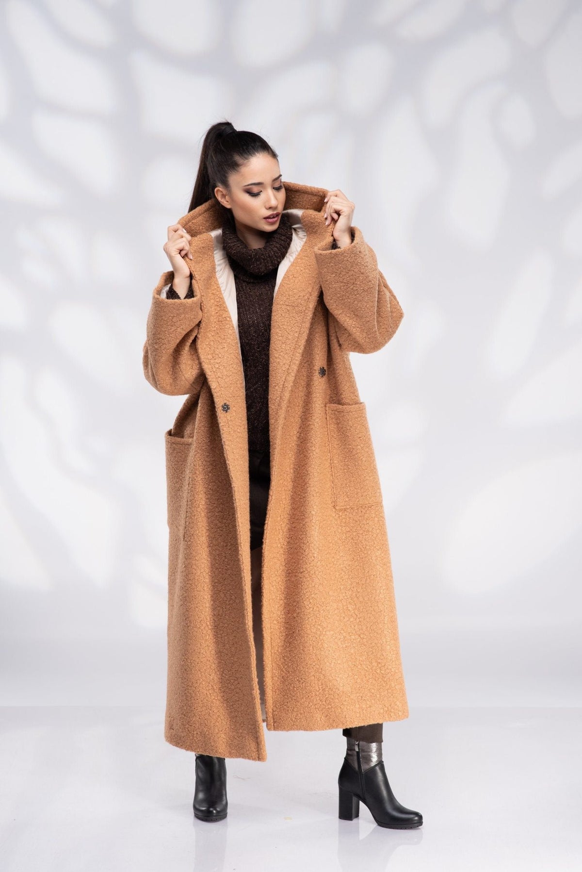 Wool Hooded Camel Plus Size Coat