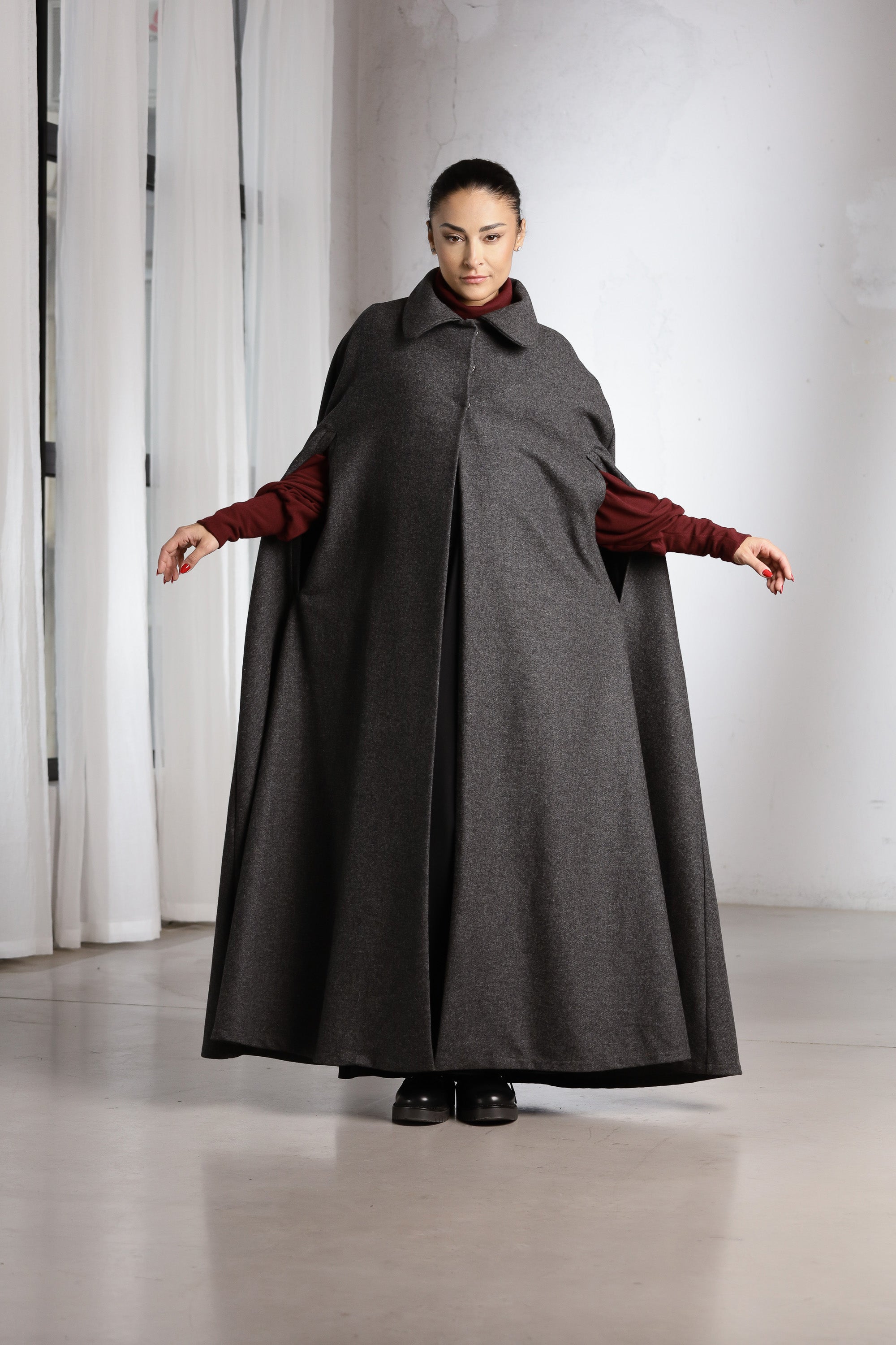 Wool Hooded Cape for Women – Medieval Inspired Maxi Coat